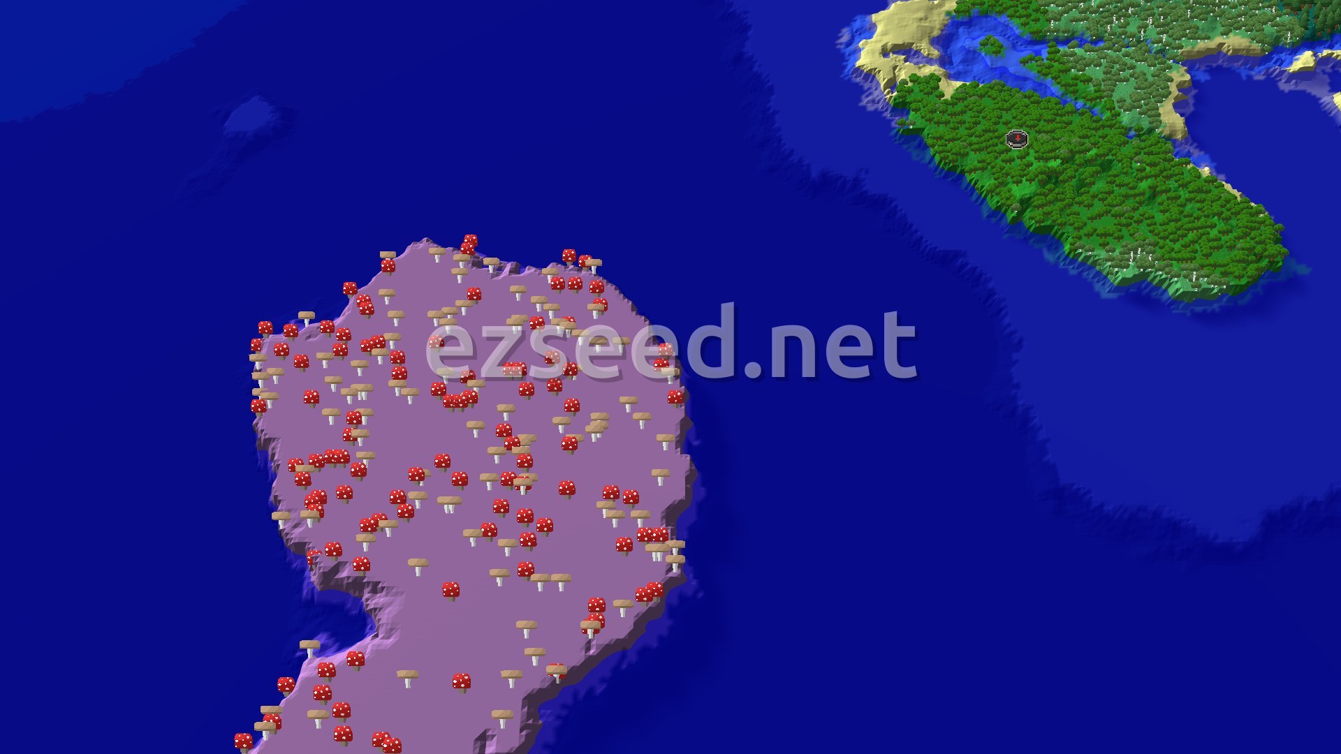 An aerial view of a forested island where you spawn, with a large mushroom fields island to the southwest across the ocean.