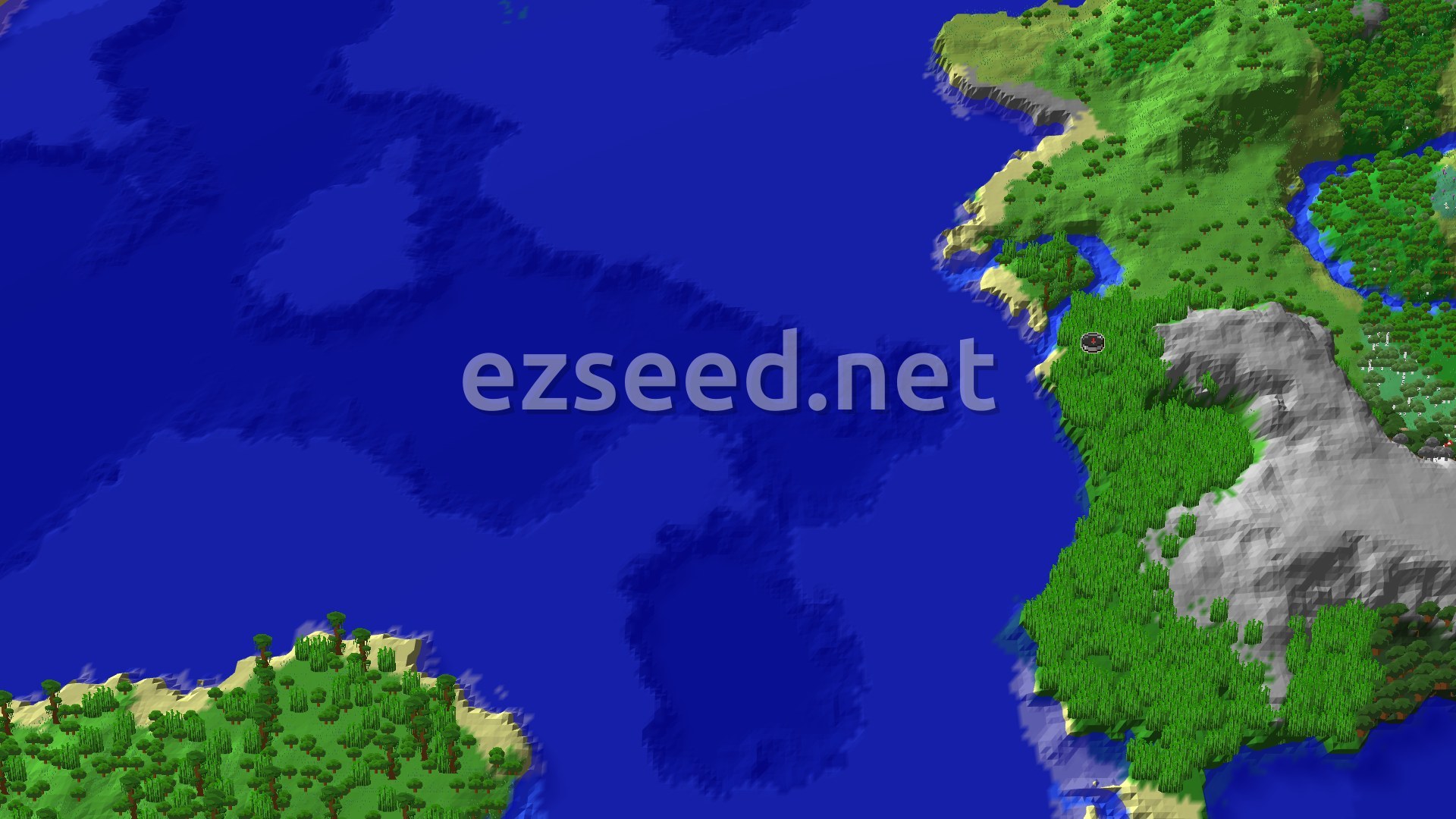 A 3D overhead view of a diverse landscape featuring lush green jungles, sandy beaches, and expansive blue oceans, with a small marker indicating the spawn point in the jungle.