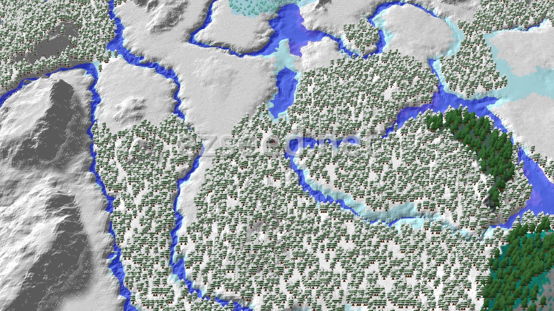 An aerial view of a snowy taiga landscape, dominated by snow-covered spruce trees and winding frozen rivers, with some clearer snowy plains visible.