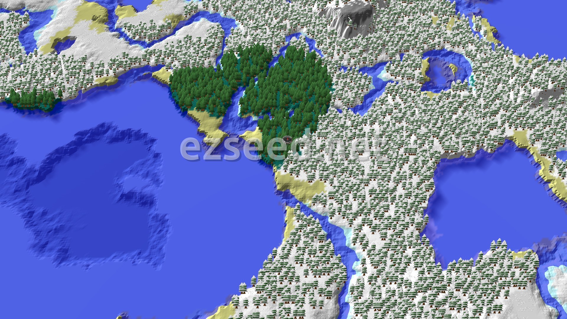 Aerial Minecraft seed map — Taiga Spawn with Nearby Ruined Portal