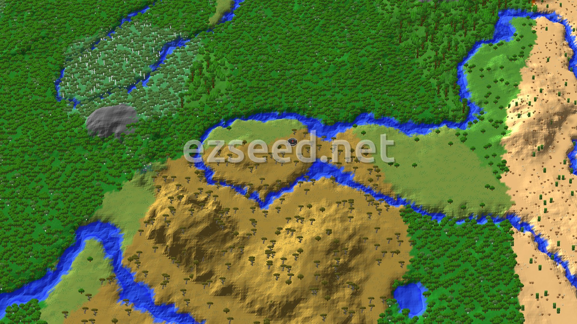 An aerial view of the spawn area, showing a river winding through savanna and forest biomes, with some desert to the east.