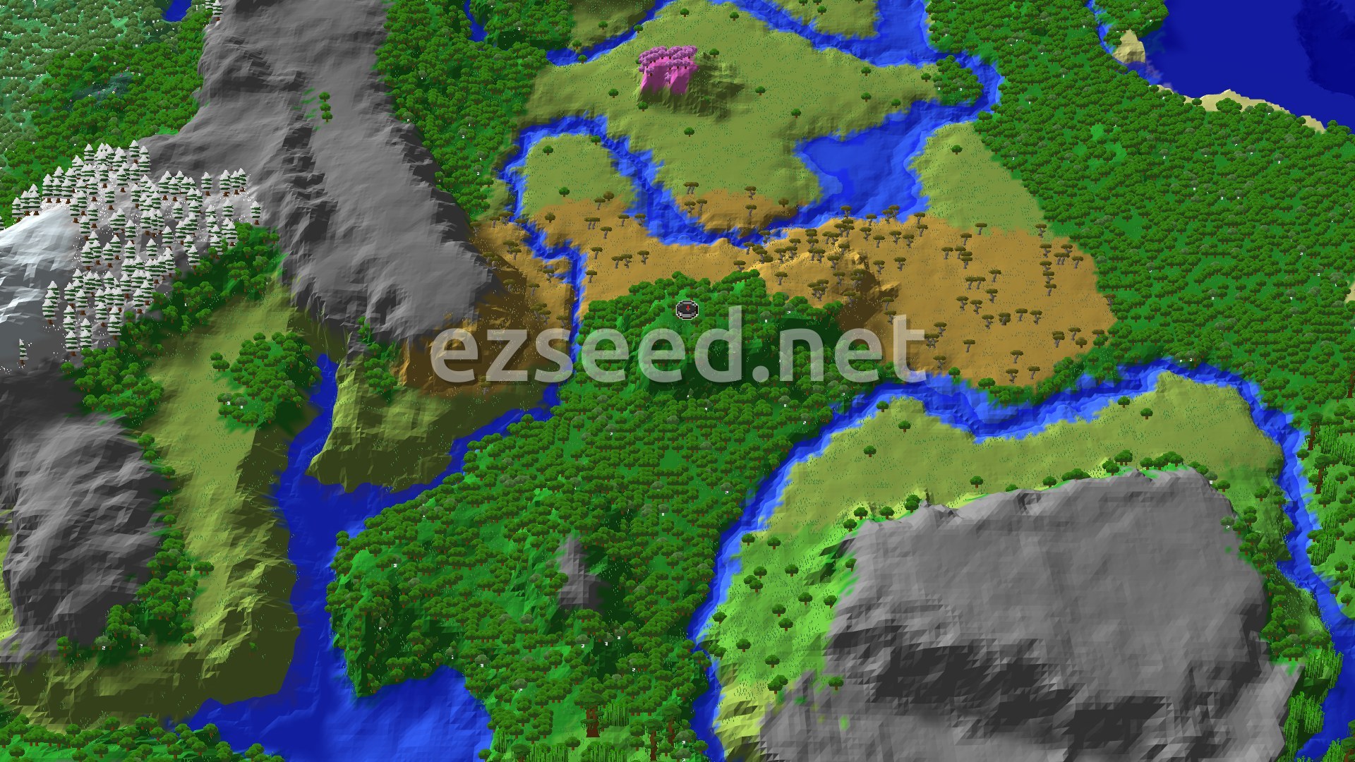 A bird's-eye view of a varied landscape featuring a central forest, a river, and nearby savannas and wooded badlands. A small spawn marker is visible in the middle.