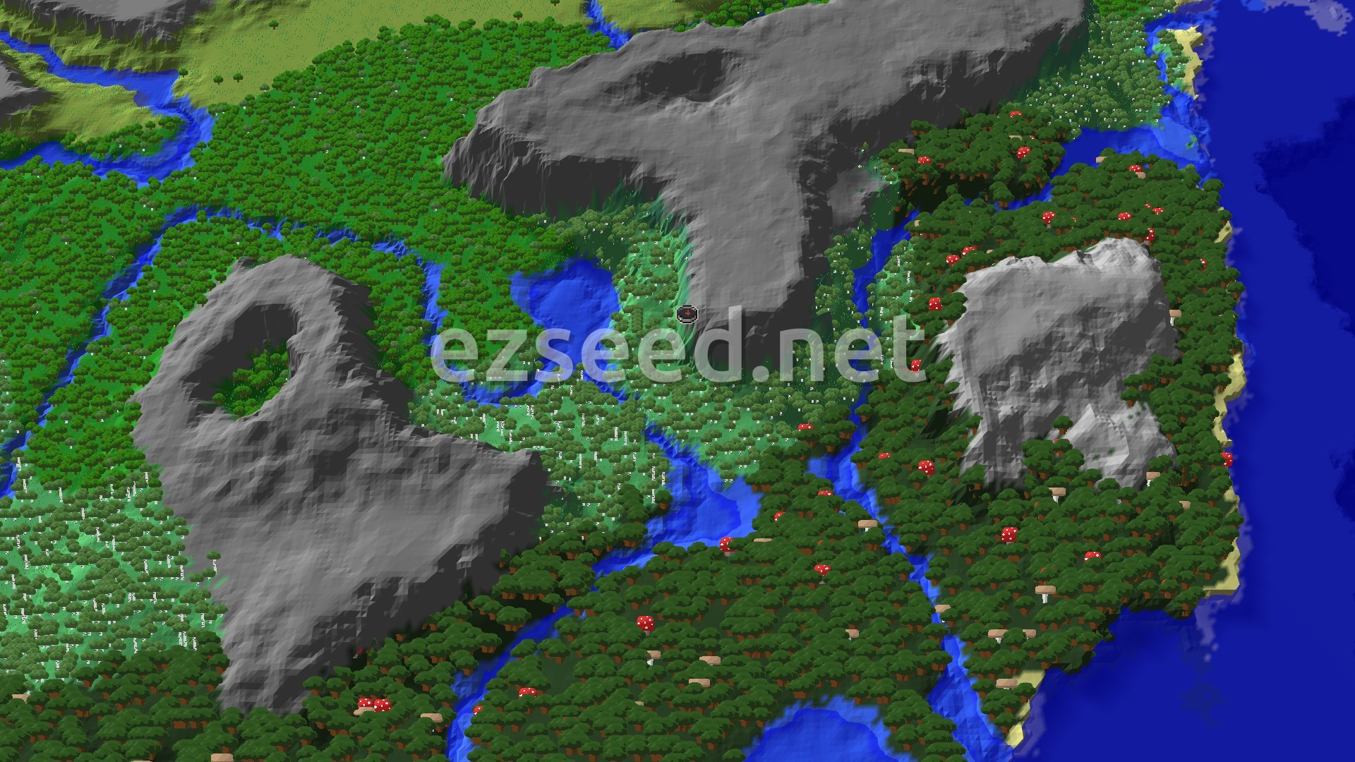 An aerial view of a Minecraft landscape, showing a player spawn marker in a valley surrounded by birch and dark forests, with plains and rivers visible in the distance.