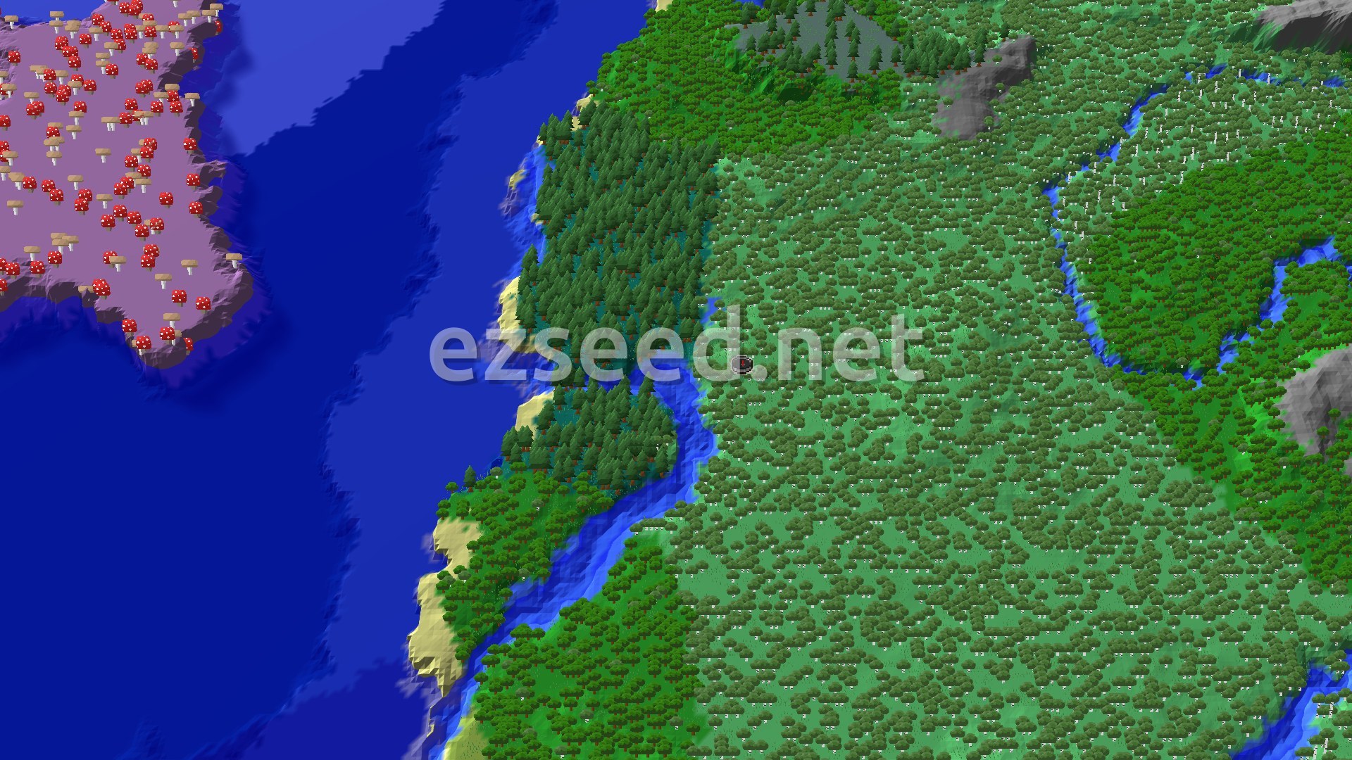 A bird's eye view of a large forest, a river, and a mushroom fields island in the distance.