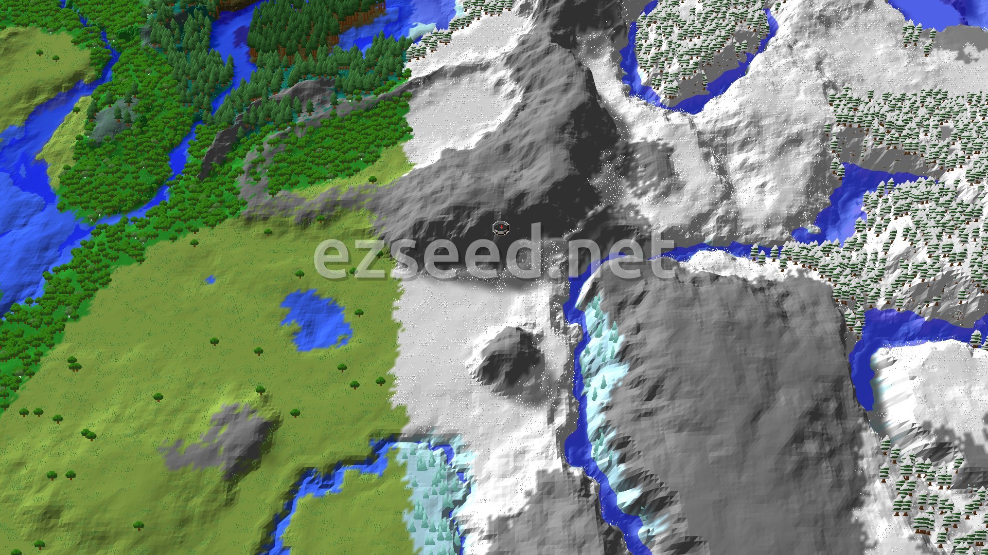 An aerial view of a Minecraft world showing a snowy plains biome meeting a large, dark mountain range, with forests and rivers.