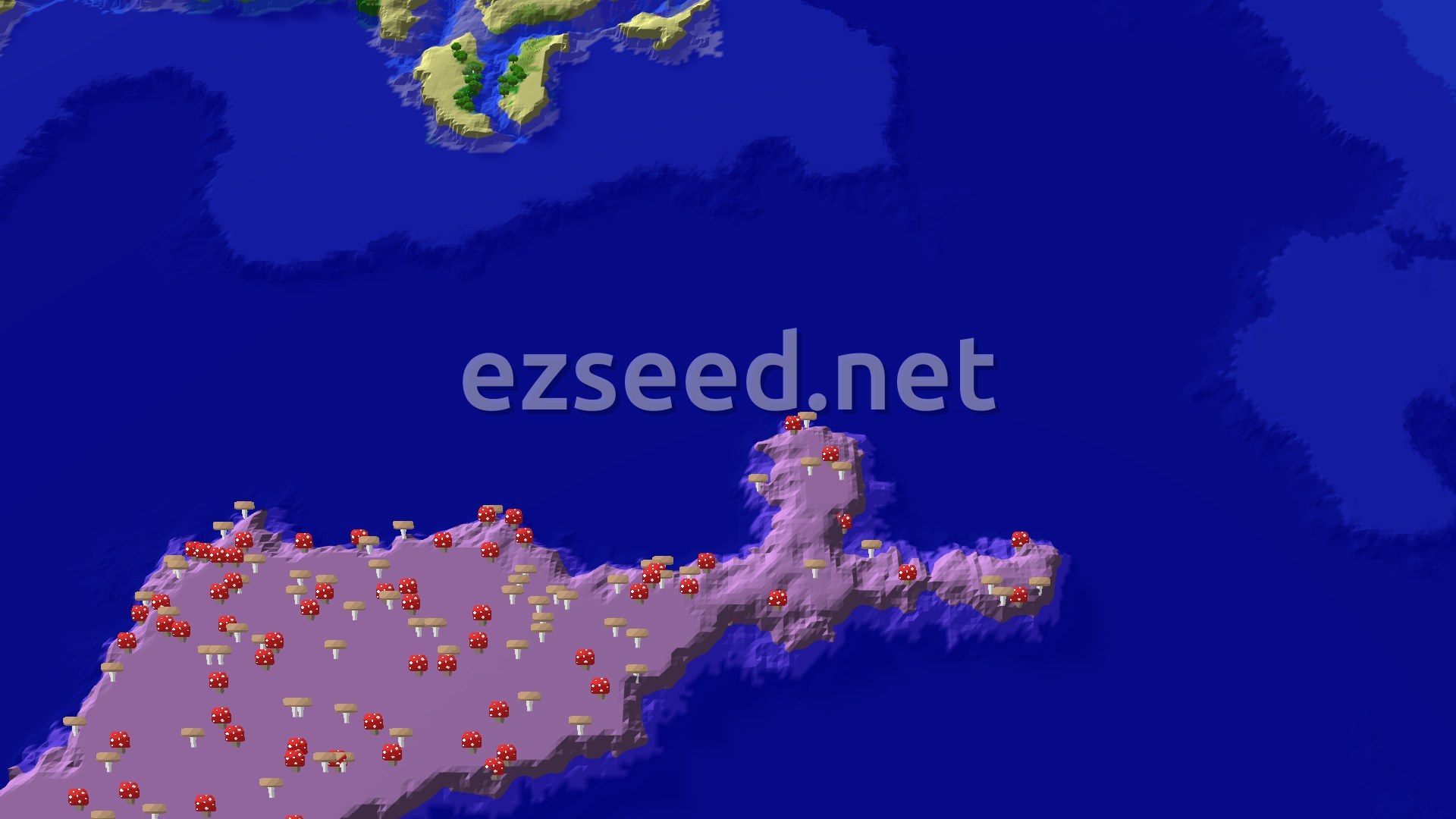 An aerial view showing dark forest trees near a deep blue ocean, with a distant mushroom island covered in red and brown fungi.