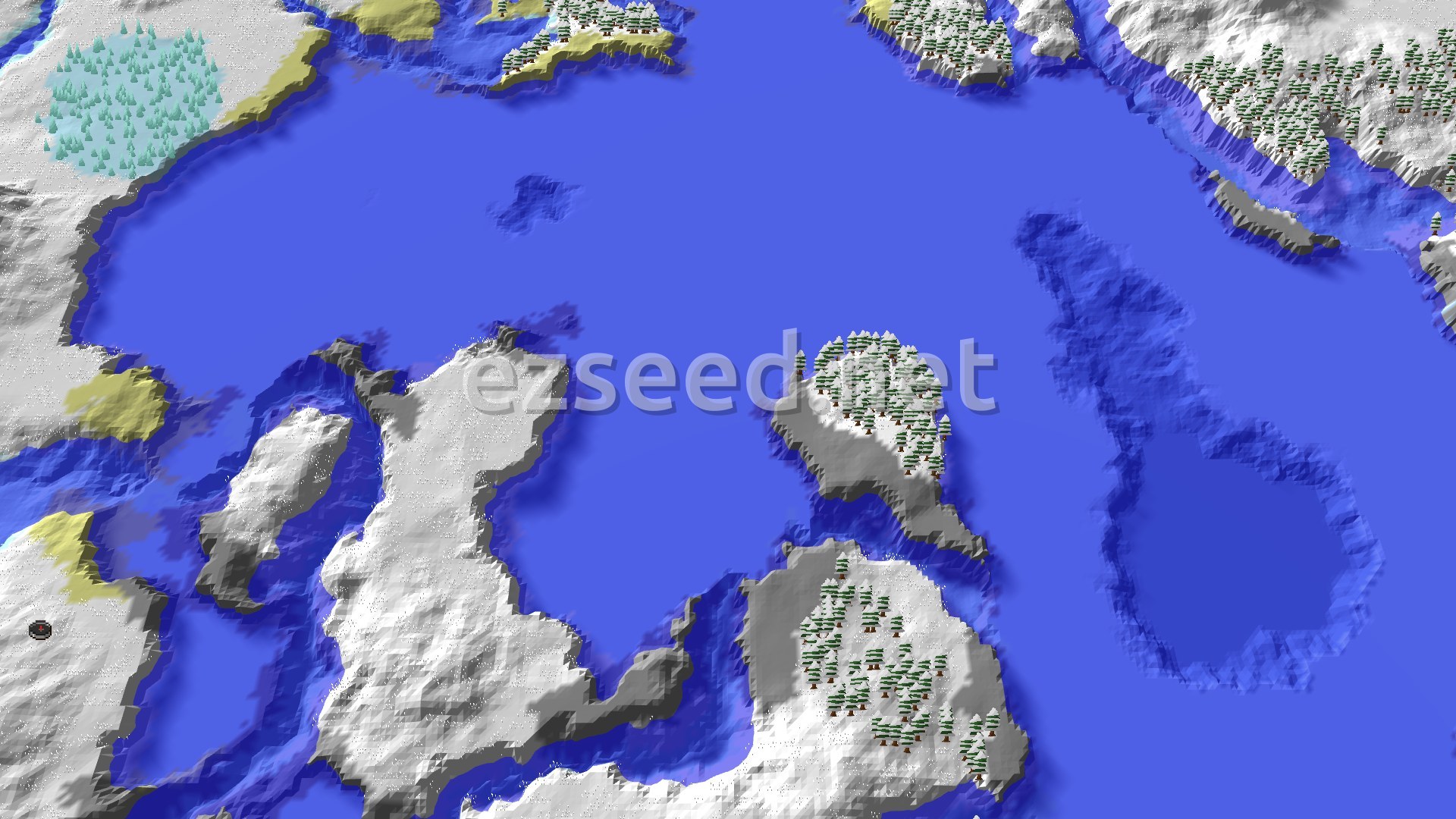 A bird's-eye view of a snowy, mountainous landscape with a large frozen ocean in the center, dotted with snow-covered islands and sparse evergreen trees.