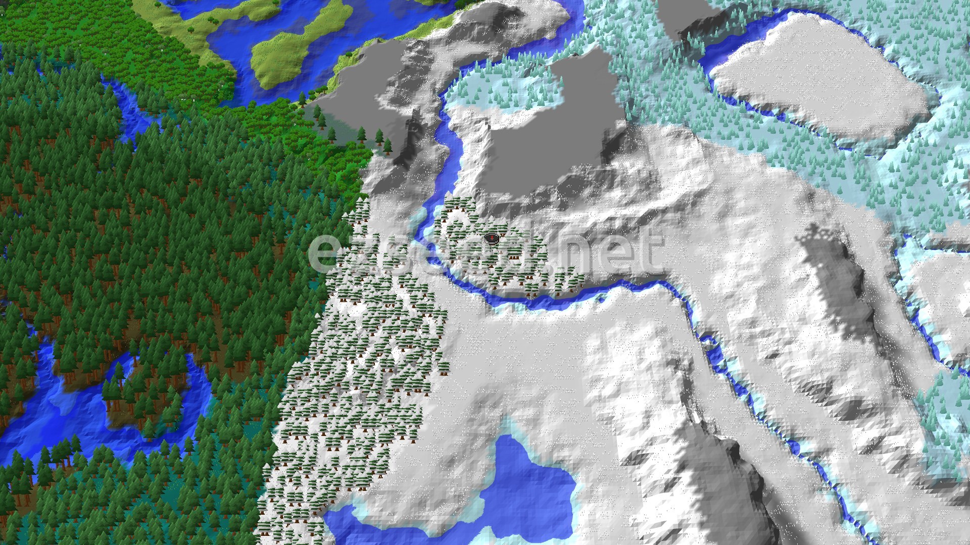 An aerial view of a snowy landscape with a mix of taiga forests and lighter snow-covered plains, bisected by a winding river.