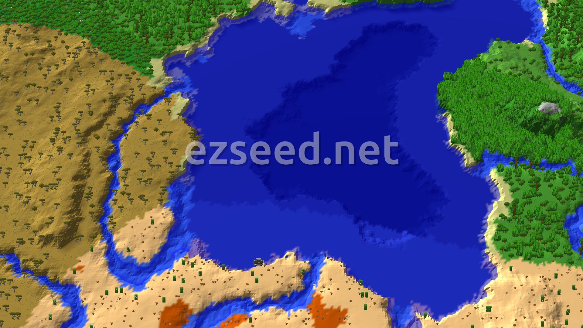 A 3D overhead view shows a large blue ocean bordered by sandy desert on one side and a lush green forest on the other. A small spawn marker is visible near the desert coastline.