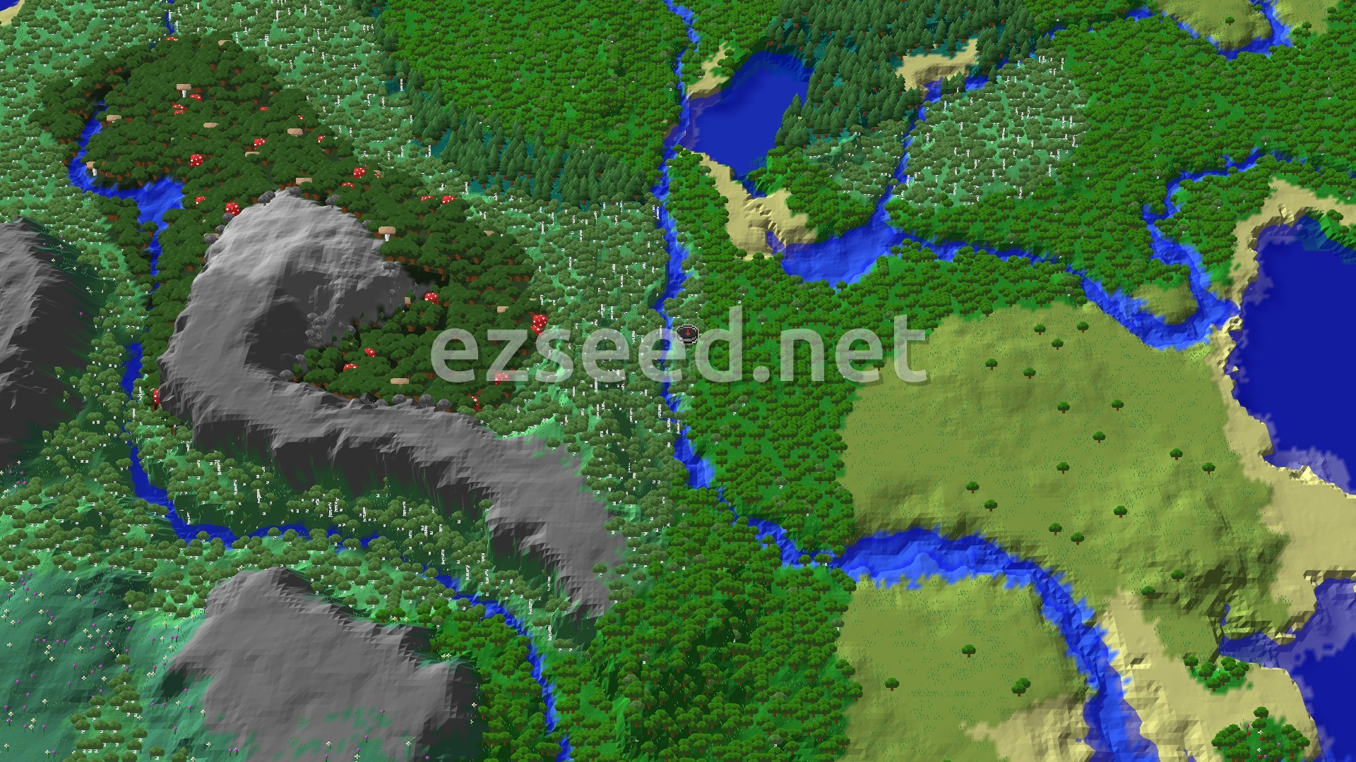 A 3D fly-over of a varied landscape, with a mix of dense forests, a river, some mountains, and open plains. A small spawn marker sits in the center.