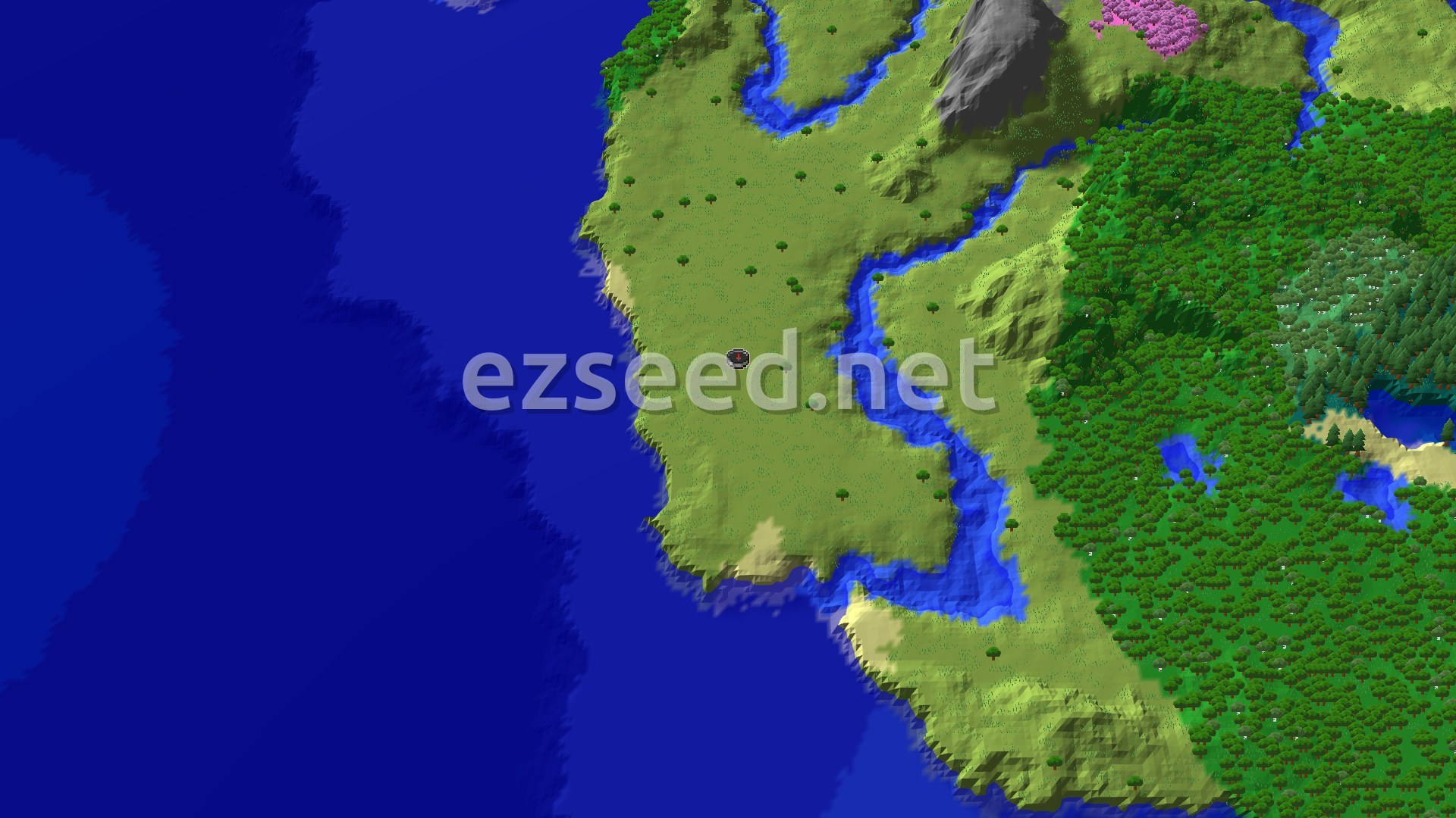 An aerial view of a mostly flat plains biome with a river winding through it, leading to an ocean. A forest biome is visible to the east, and mountains rise to the north, with a small pink cherry grove nestled in the peaks.