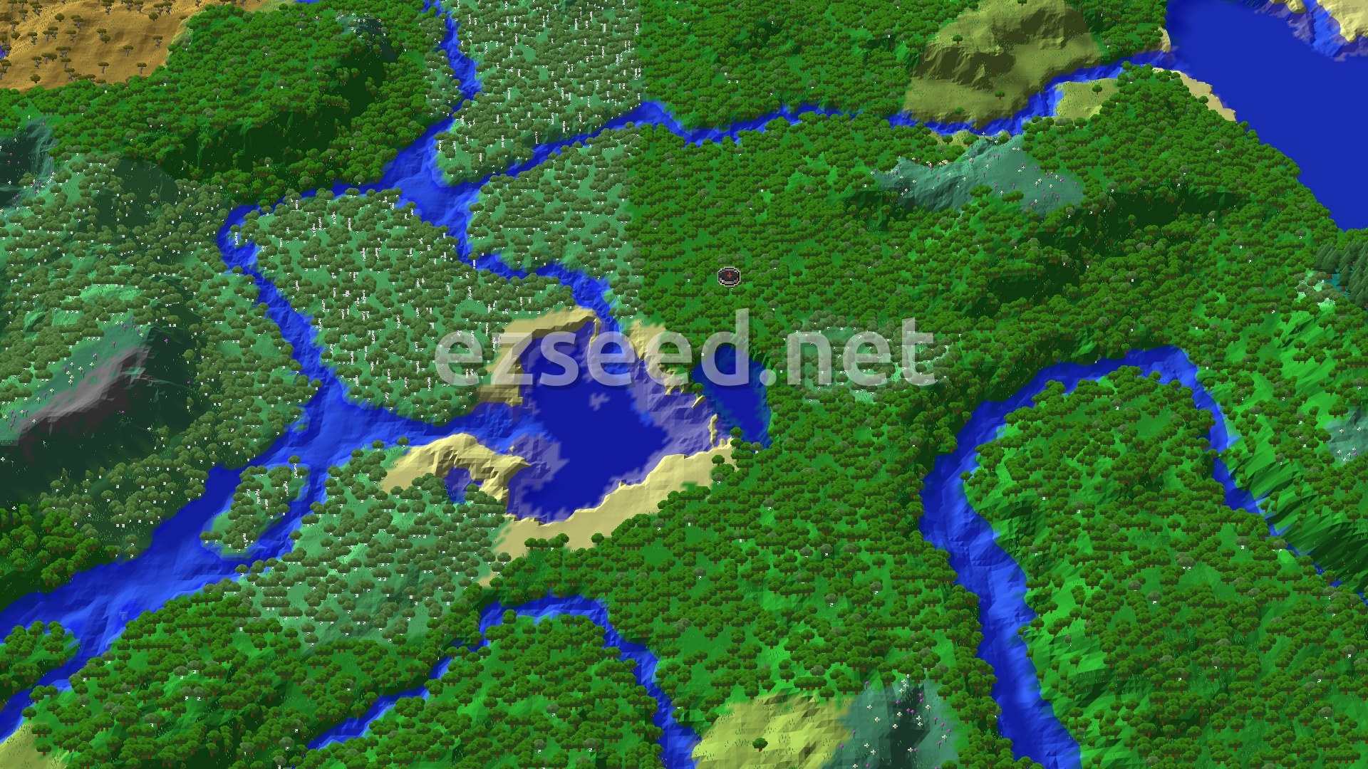 A 3D aerial view of a dense forest biome surrounding a player spawn marker, with a winding river and a small lake nearby. Hills are visible in the distance.