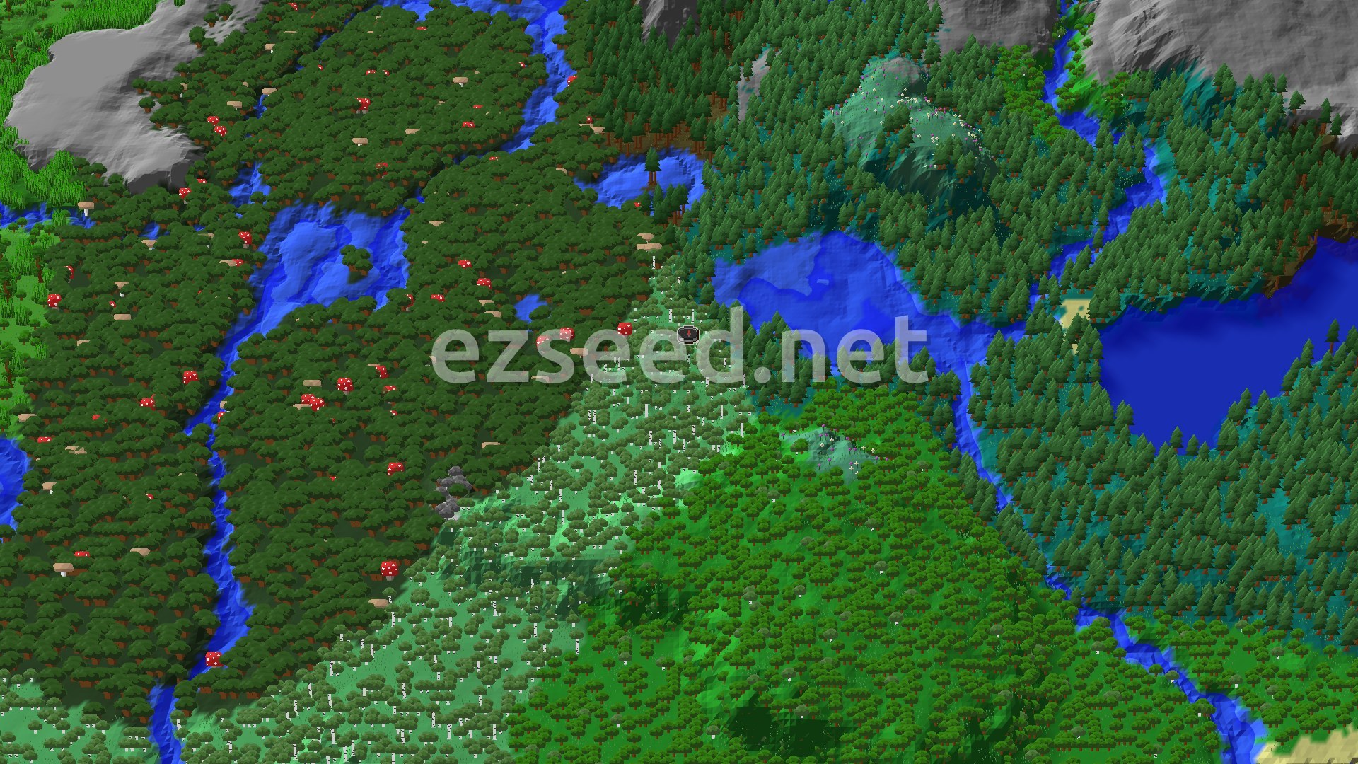An aerial view of a heavily forested landscape with winding rivers and lakes. Birch trees are visible near the center, and darker forests with red mushrooms are scattered around the edges, with some gray mountains in the distance.