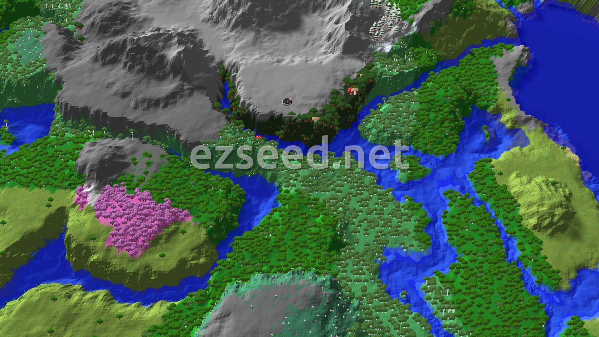 Aerial Minecraft seed map — Dark Forest Spawn with Nearby Ancient City