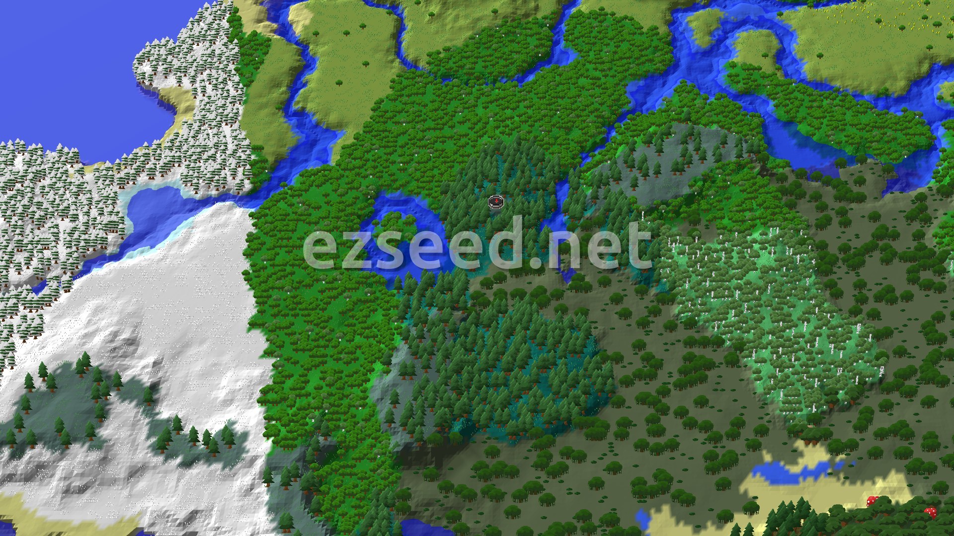 Aerial Minecraft seed map — Taiga Spawn with Nearby Trial Chambers