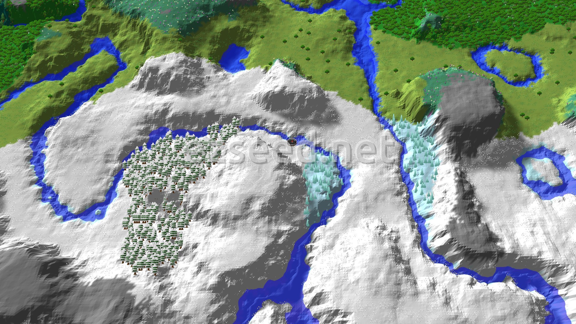 A snowy, mountainous landscape with winding blue rivers and patches of green forest and plains.
