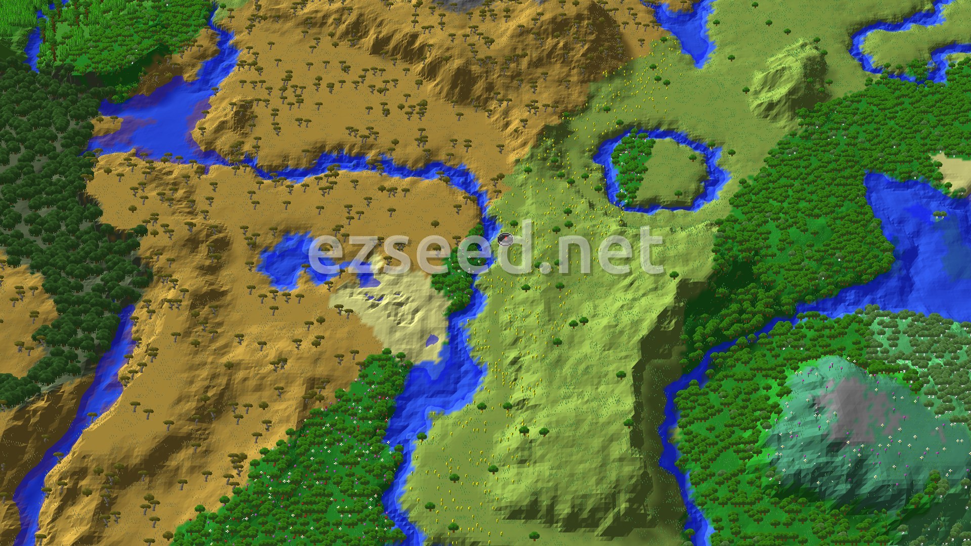 An aerial view showing a diverse landscape around spawn, with green plains and forests contrasting with a tan savanna, all intersected by winding rivers.
