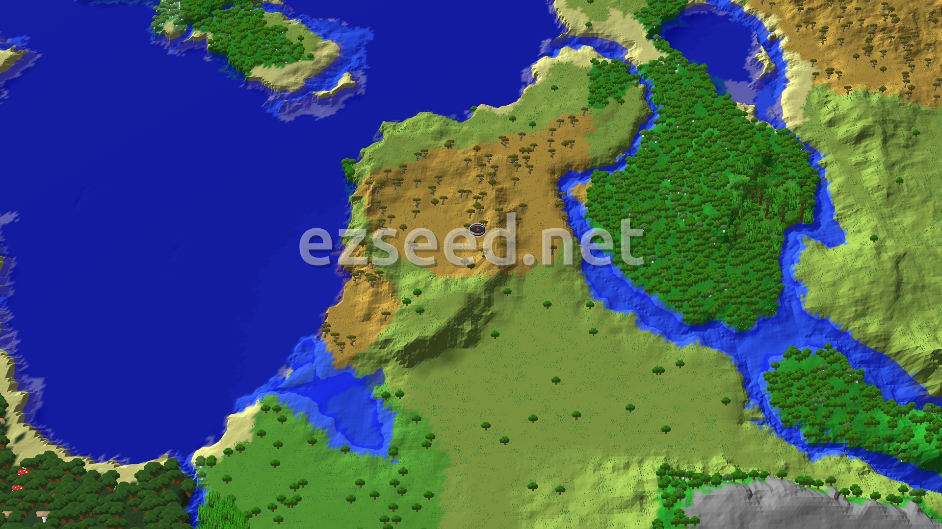 A 3D fly-over shows a savanna landscape with scattered trees, a river, and ocean on the left. A small spawn marker is at the center.