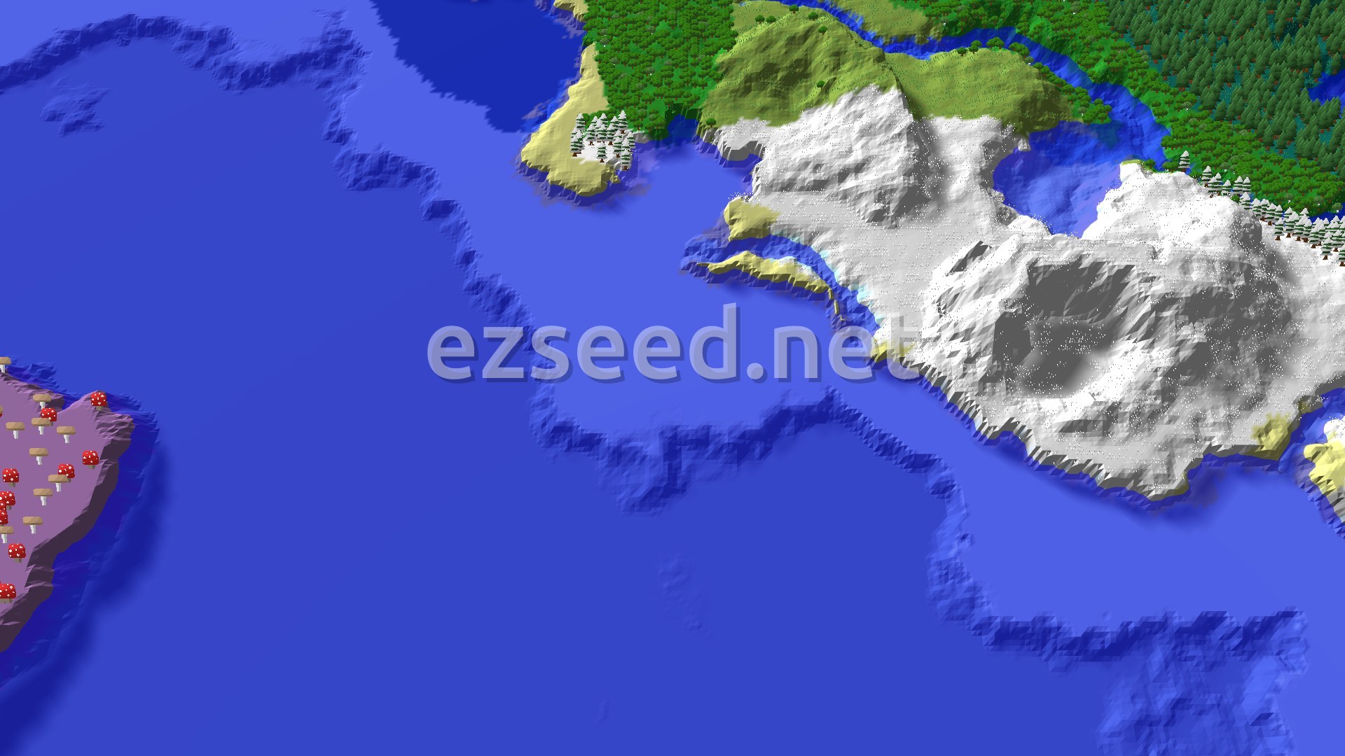 An aerial view showing a vast blue ocean, snowy mountains, green forests, and a small mushroom island.