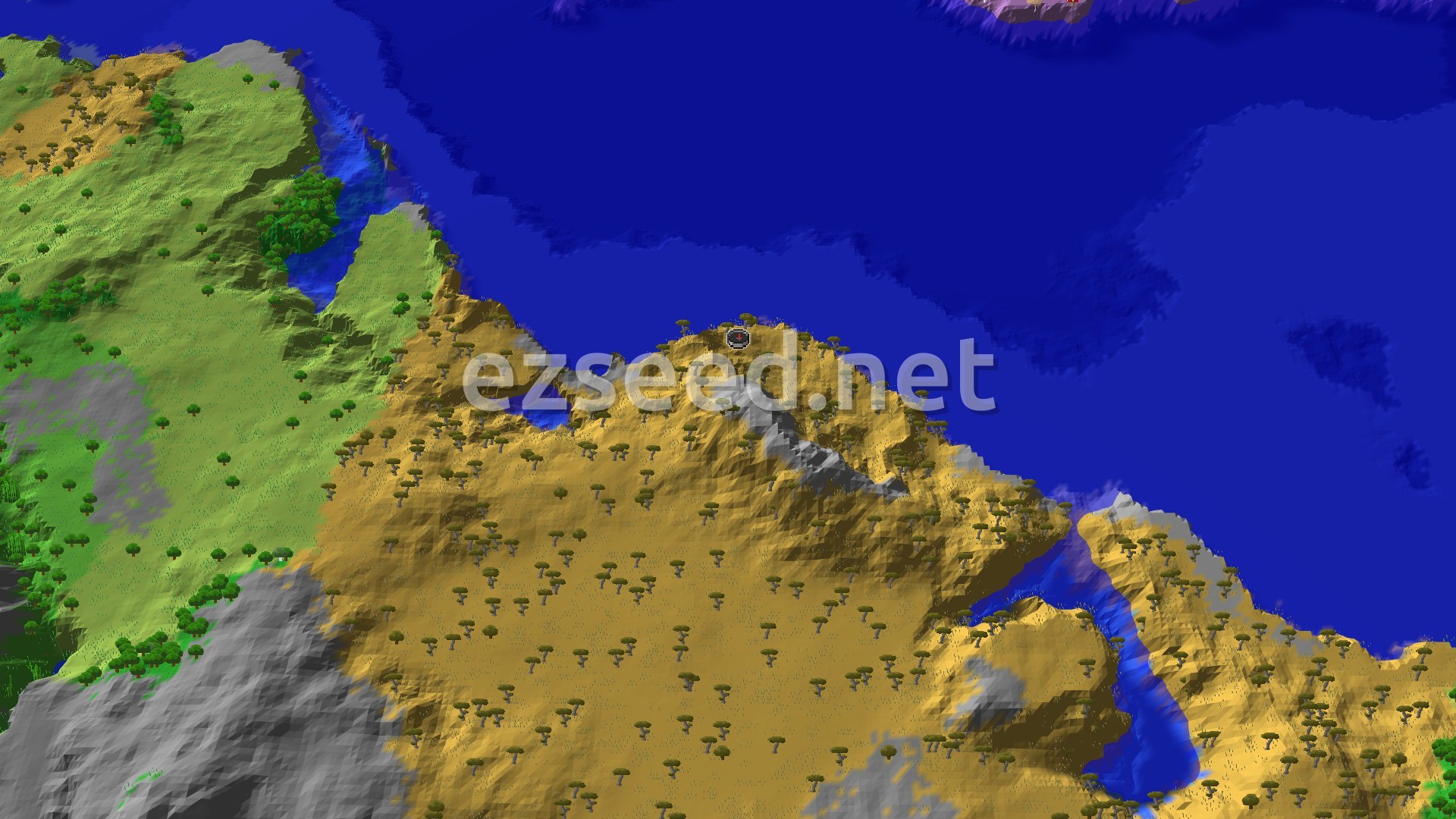 An aerial view of a varied landscape, showing a large blue ocean bordering a golden-brown savanna with scattered trees, and greener hills or plains further inland.