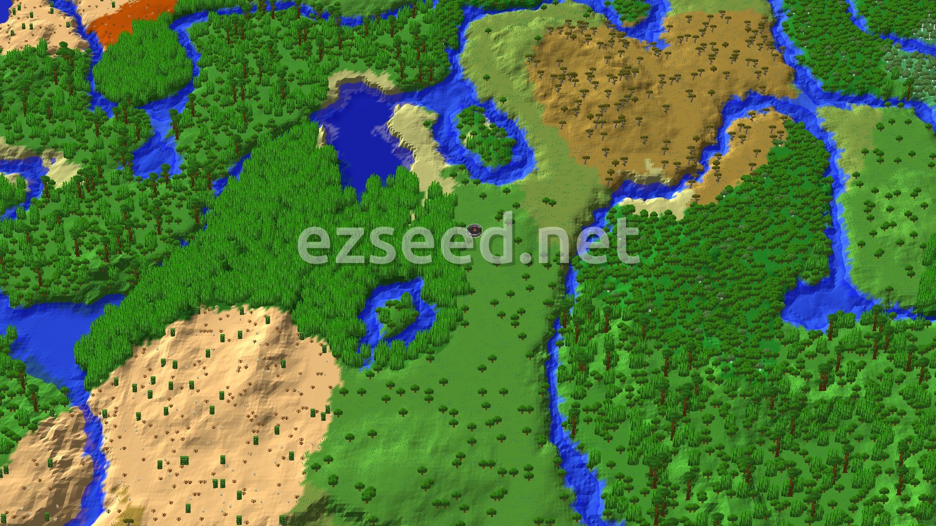 An aerial view of a varied landscape, featuring dense green jungles, lighter green plains, sandy deserts, and winding blue rivers, with a small spawn marker in a sparse jungle area.