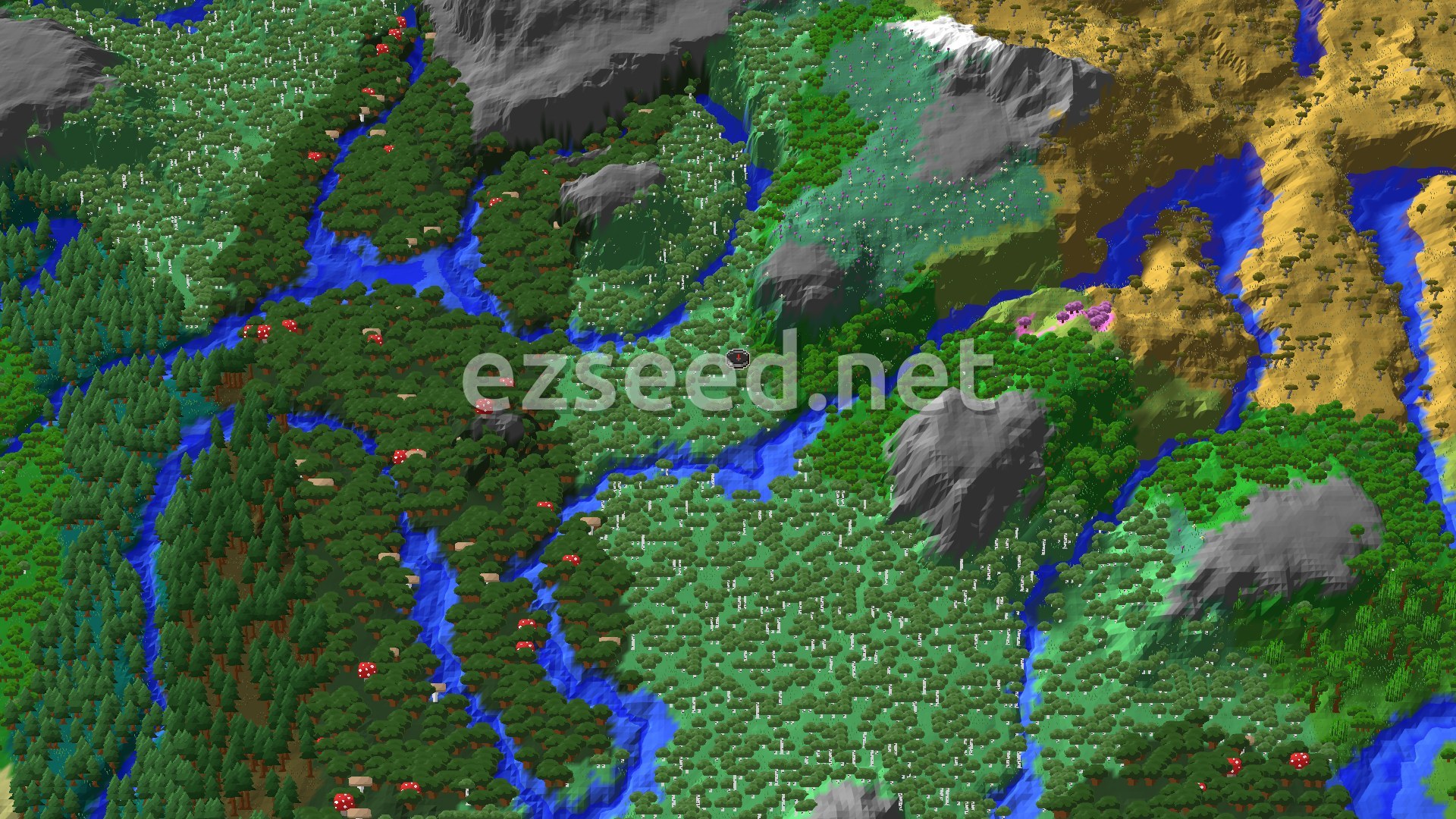 A 3D render of a Minecraft world showing a dense Birch Forest at the center with a river winding through it, surrounded by other forests, some meadows, and rocky hills.