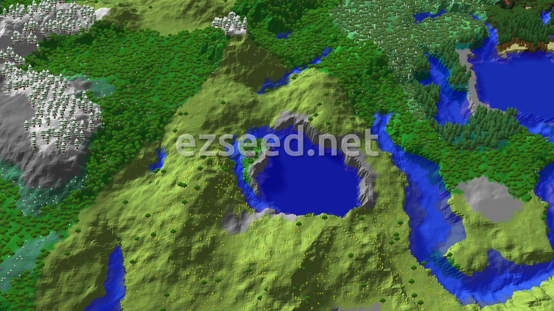 An aerial view of a varied landscape, showing a large lake surrounded by rolling green hills and forests. Snow-capped mountains are visible in the distance to the north, and a winding river flows through the terrain.