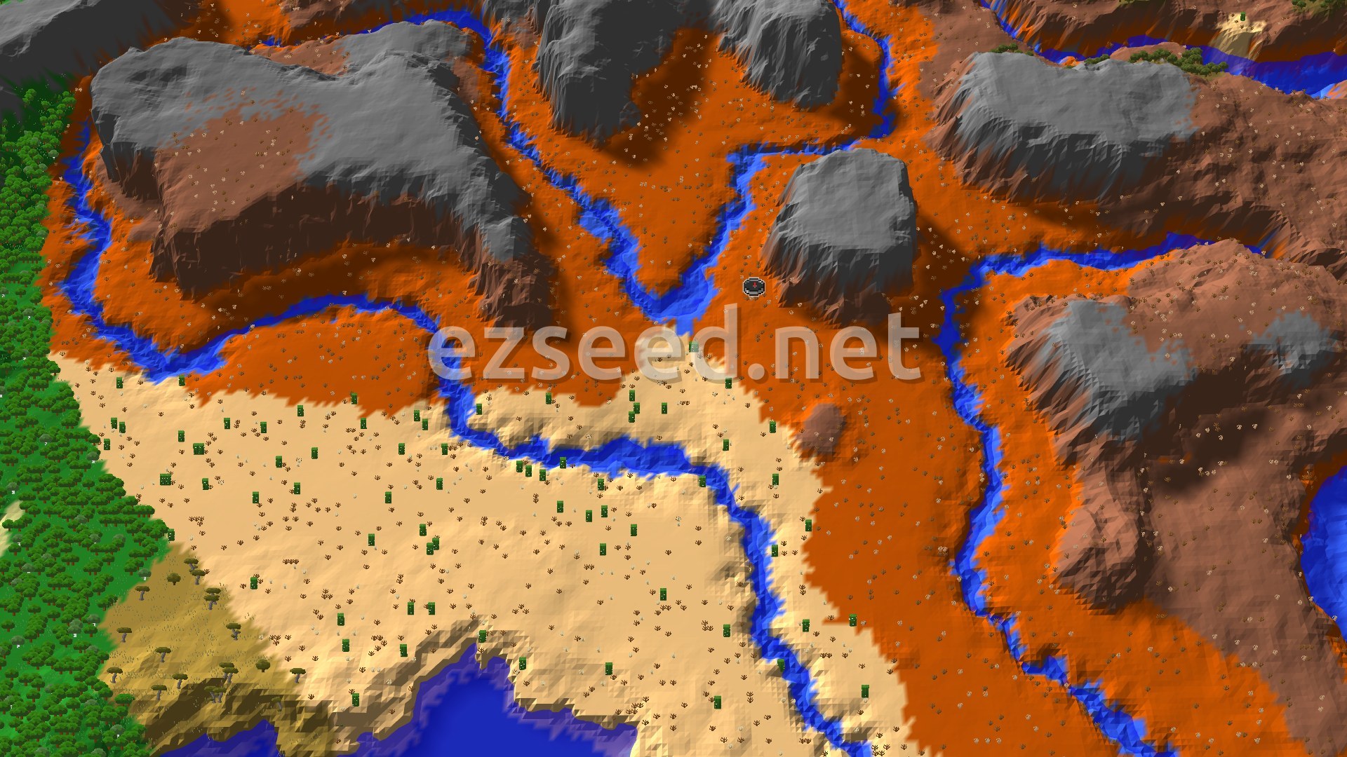 Aerial Minecraft seed map — Eroded Badlands Spawn with Close Village and Nether