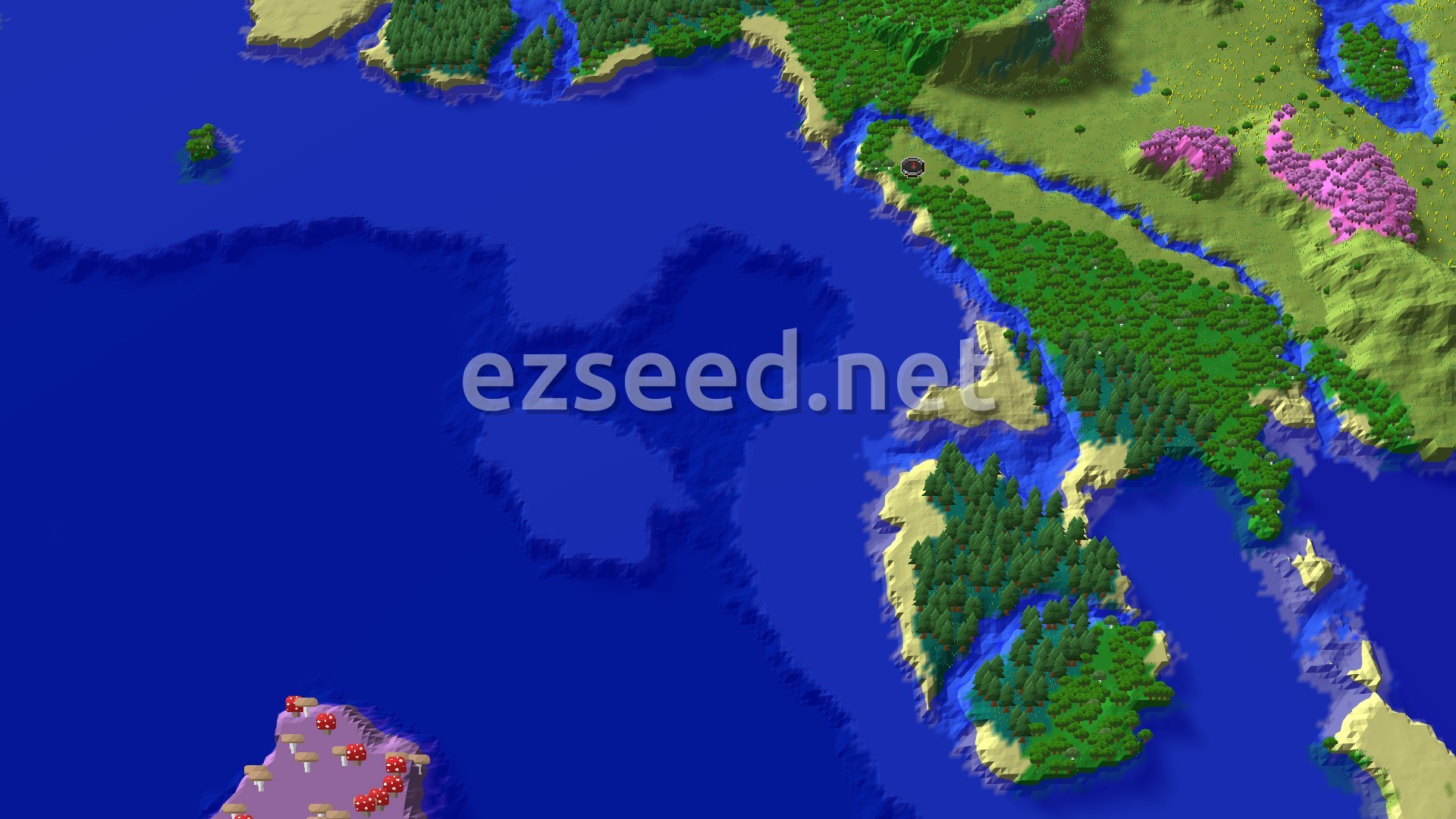 A 3D render of a Minecraft world, showing a large ocean with several islands and coastlines. Forests and plains dominate the land, with a distinct pink cherry grove biome visible, and a mushroom fields island in the distance. A small spawn marker indicates the starting point on a forested coast.