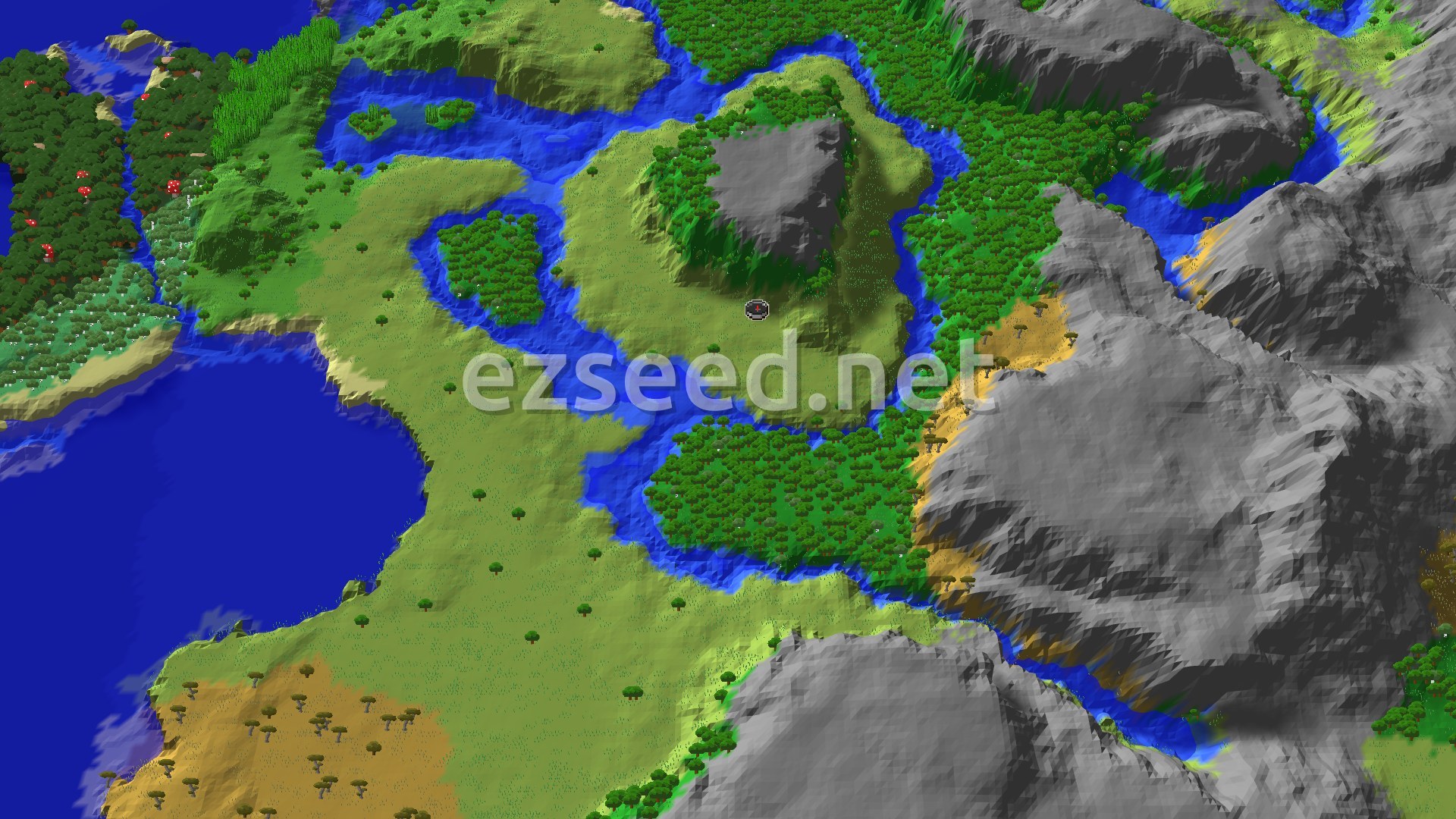 An aerial view of a varied landscape, showing a central plains area with a river, surrounded by forests, a jungle, and grey stony peaks to the east and south.