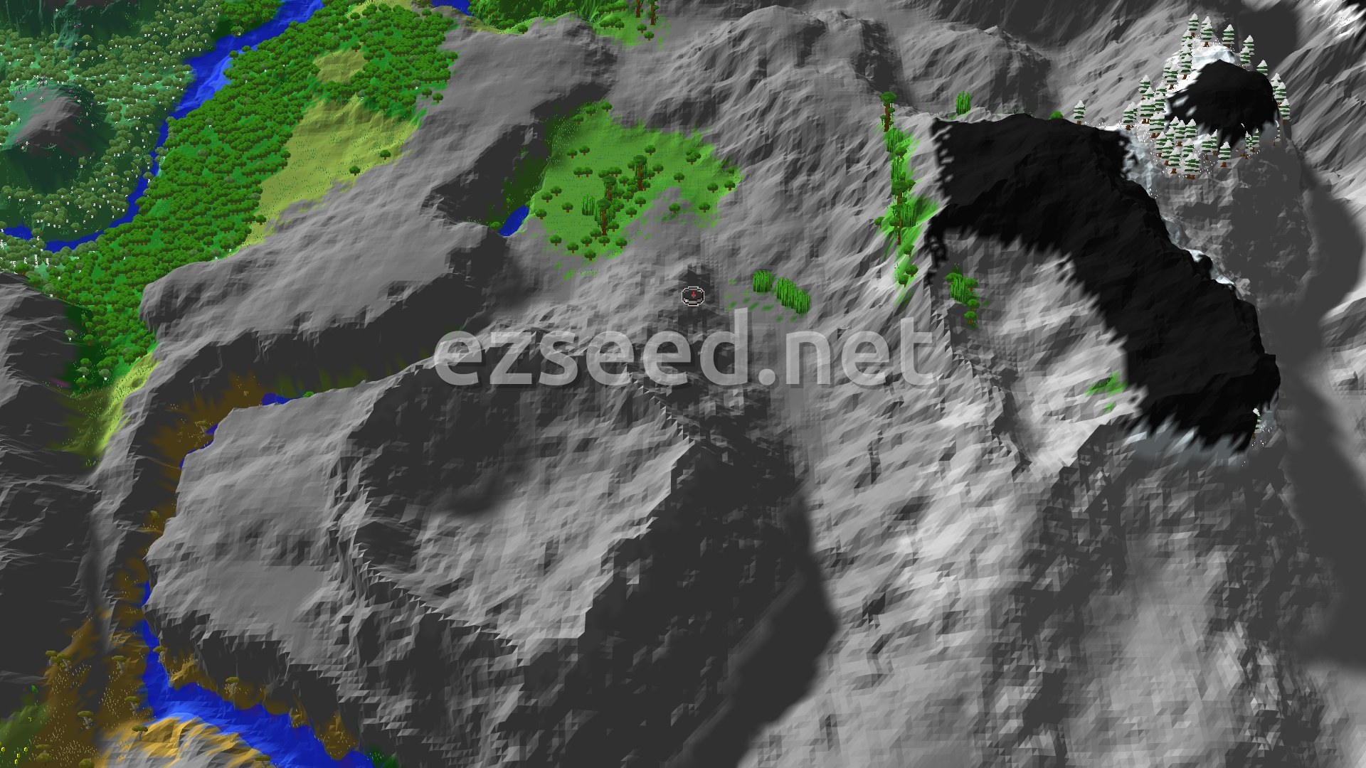 A bird's-eye view of a Minecraft landscape, showing a patch of green jungle at the center, surrounded by grey, rugged mountains. Snowy peaks are visible in the distance to the northeast.