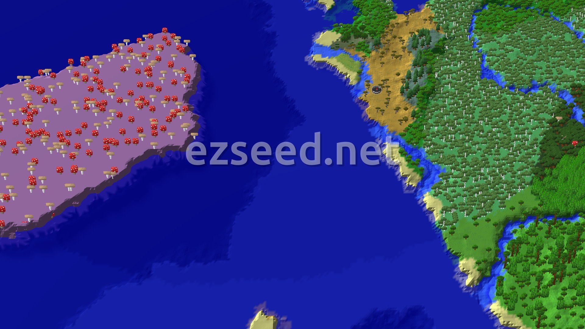 An overhead view of an island covered in mushroom fields and giant red mushrooms to the left, separated by a deep blue ocean from a continent to the right that features savannas, forests, and winding rivers.