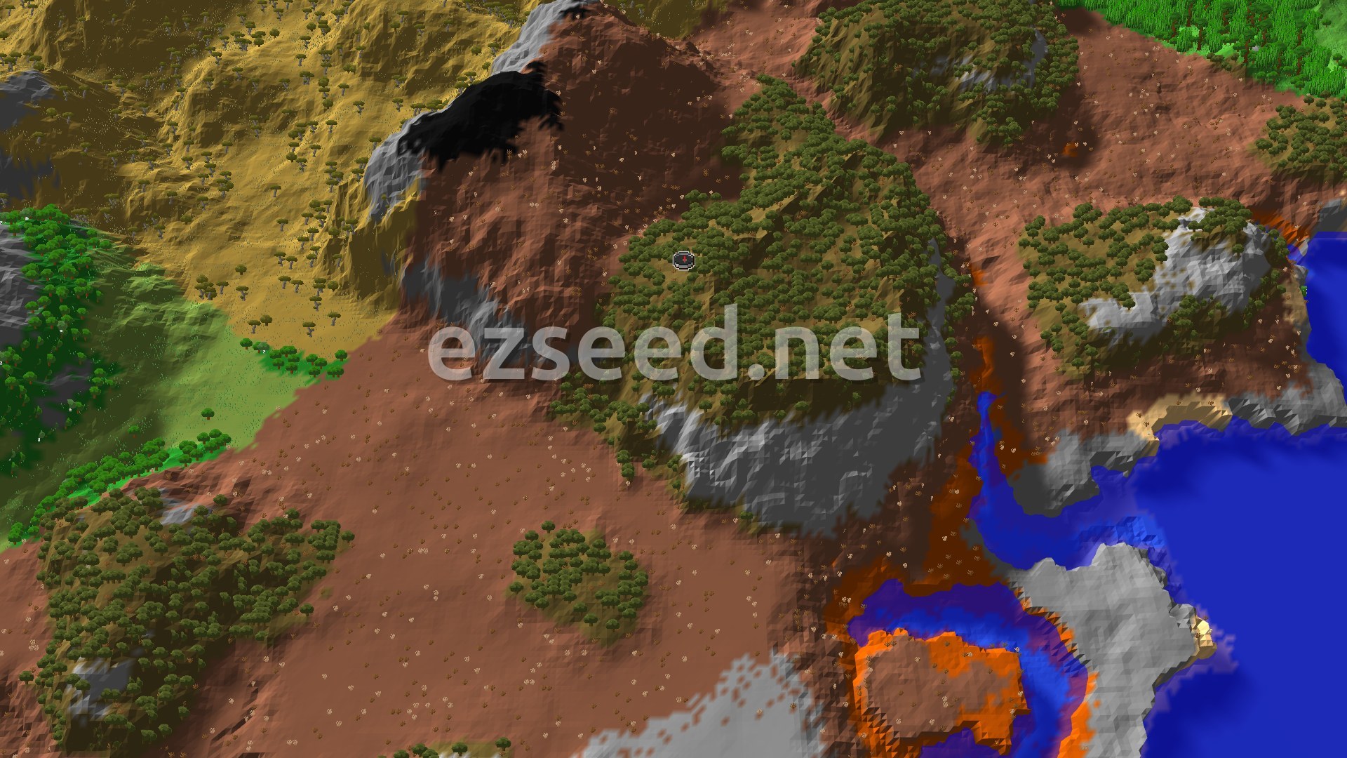 An aerial view of a vibrant Wooded Badlands biome, showing varied terrain with red-orange mesas, scattered green trees, and some flat, dusty ground near the center.