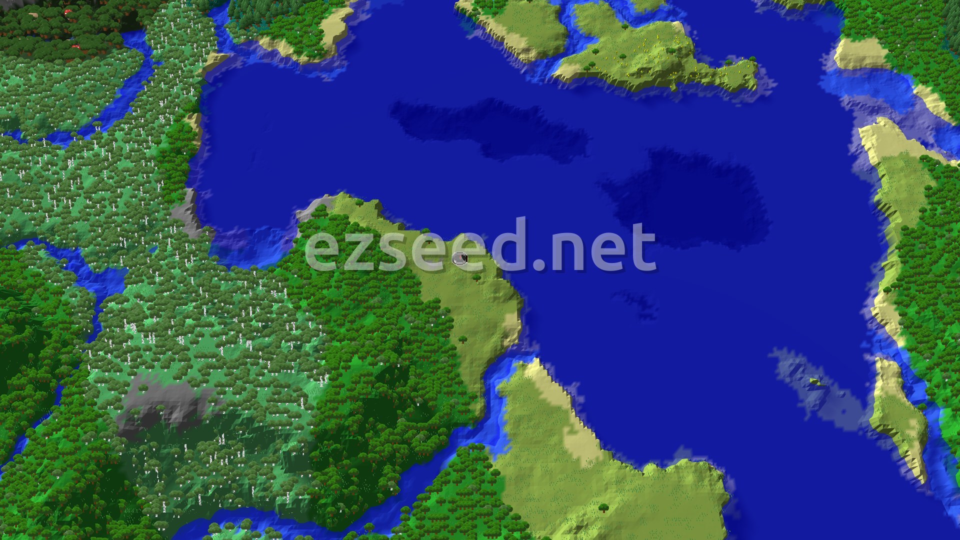A 3D fly-over of a varied landscape, showing a large blue ocean, green plains, dense forests, and some lighter sandy beaches and stony shores.