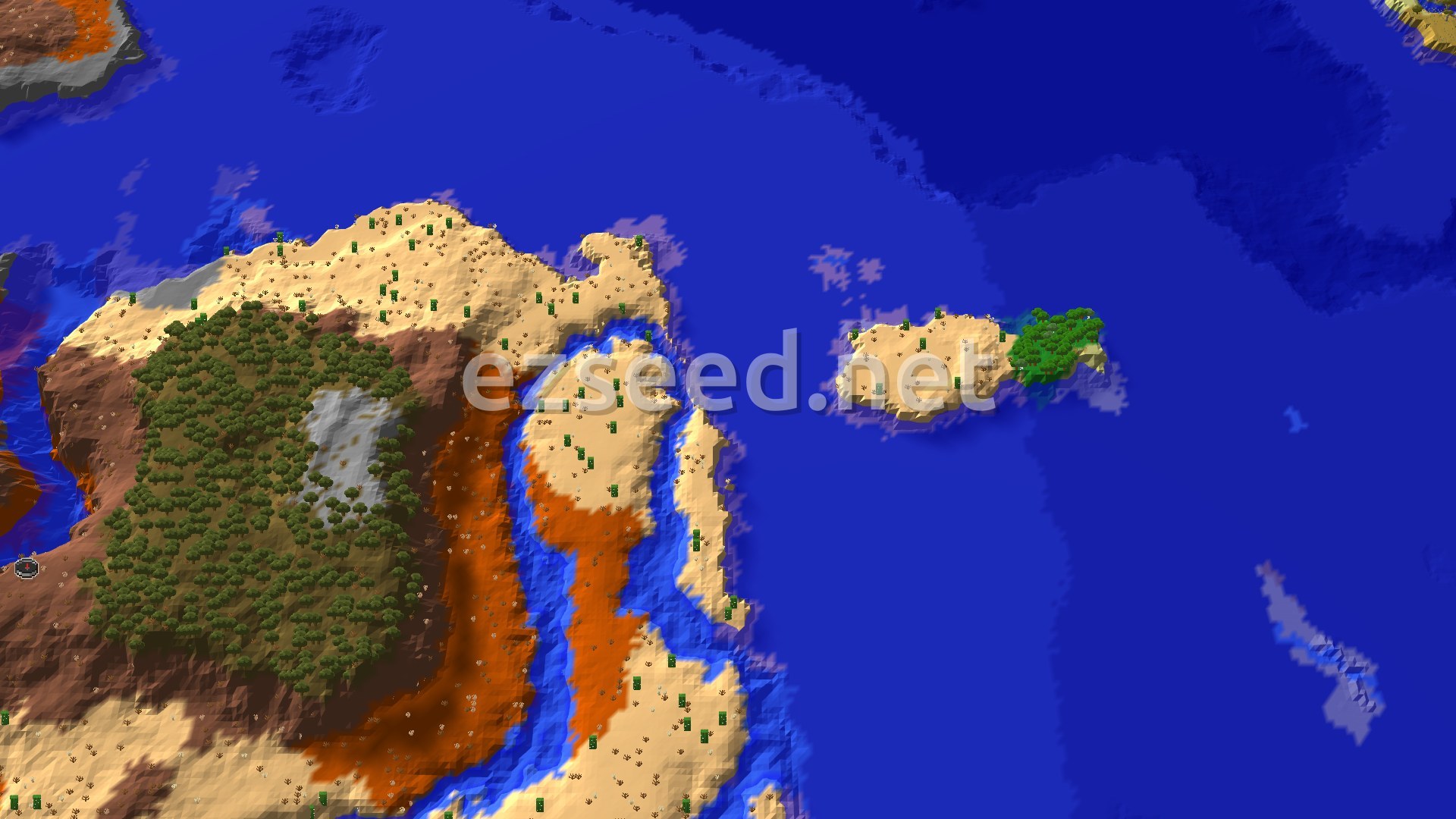 An aerial view shows a large landmass featuring varied sandy and reddish badlands terrain, with a small forest patch and rivers cutting through. The land borders a vast blue ocean, with a small green-forested island visible offshore.