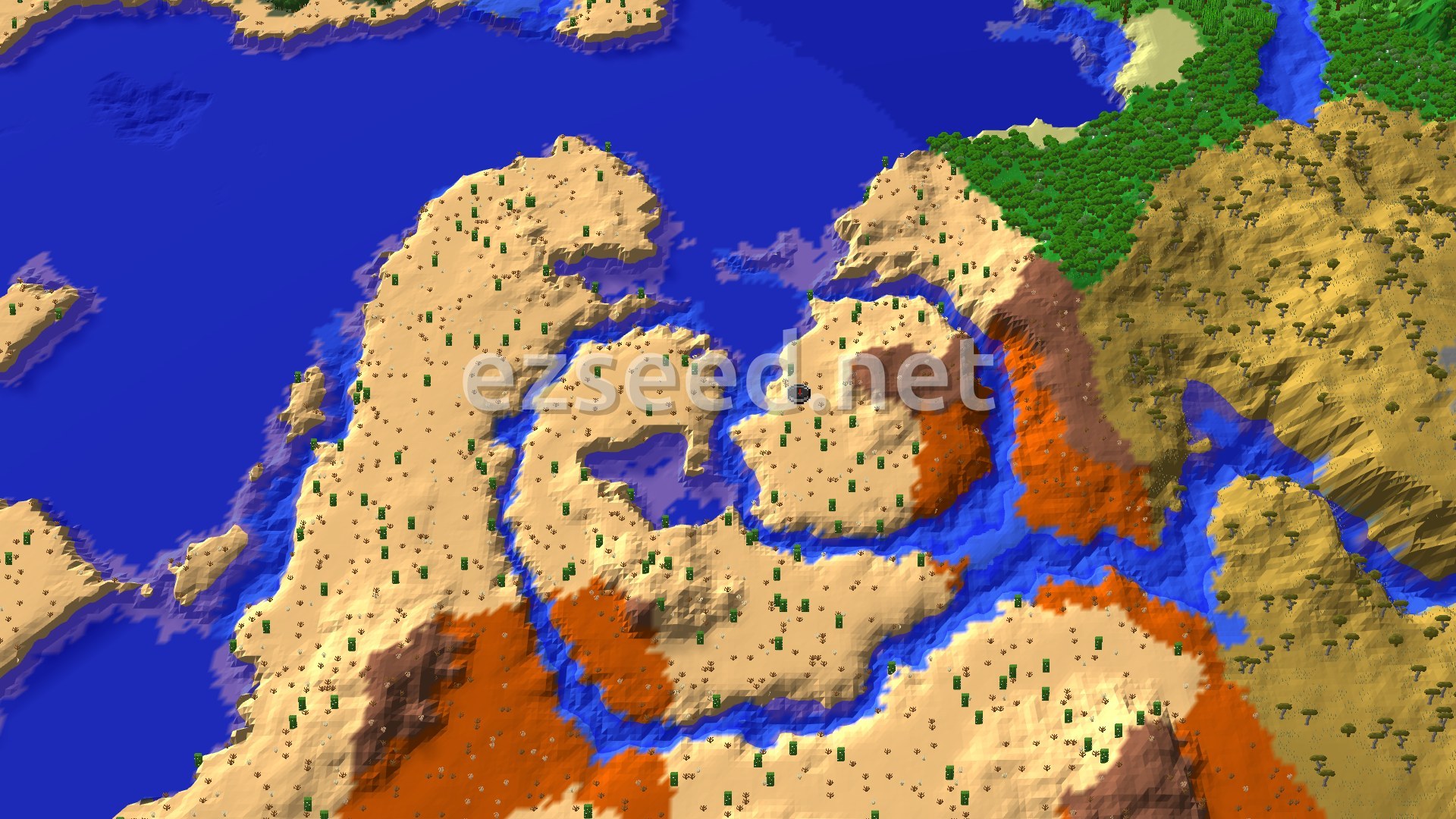 An overhead view of a vast desert landscape with scattered cacti and some patches of red badlands. A winding blue river cuts through the desert, leading to a large body of water. Green forests and savannas can be seen in the distance.