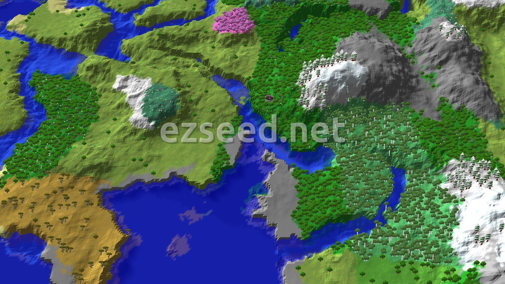 An overhead 3D view of a varied Minecraft landscape, featuring a dense forest around the spawn point, a winding river, and distant snow-capped mountains. A pink cherry grove is visible to the north, and a savanna biome to the southwest.