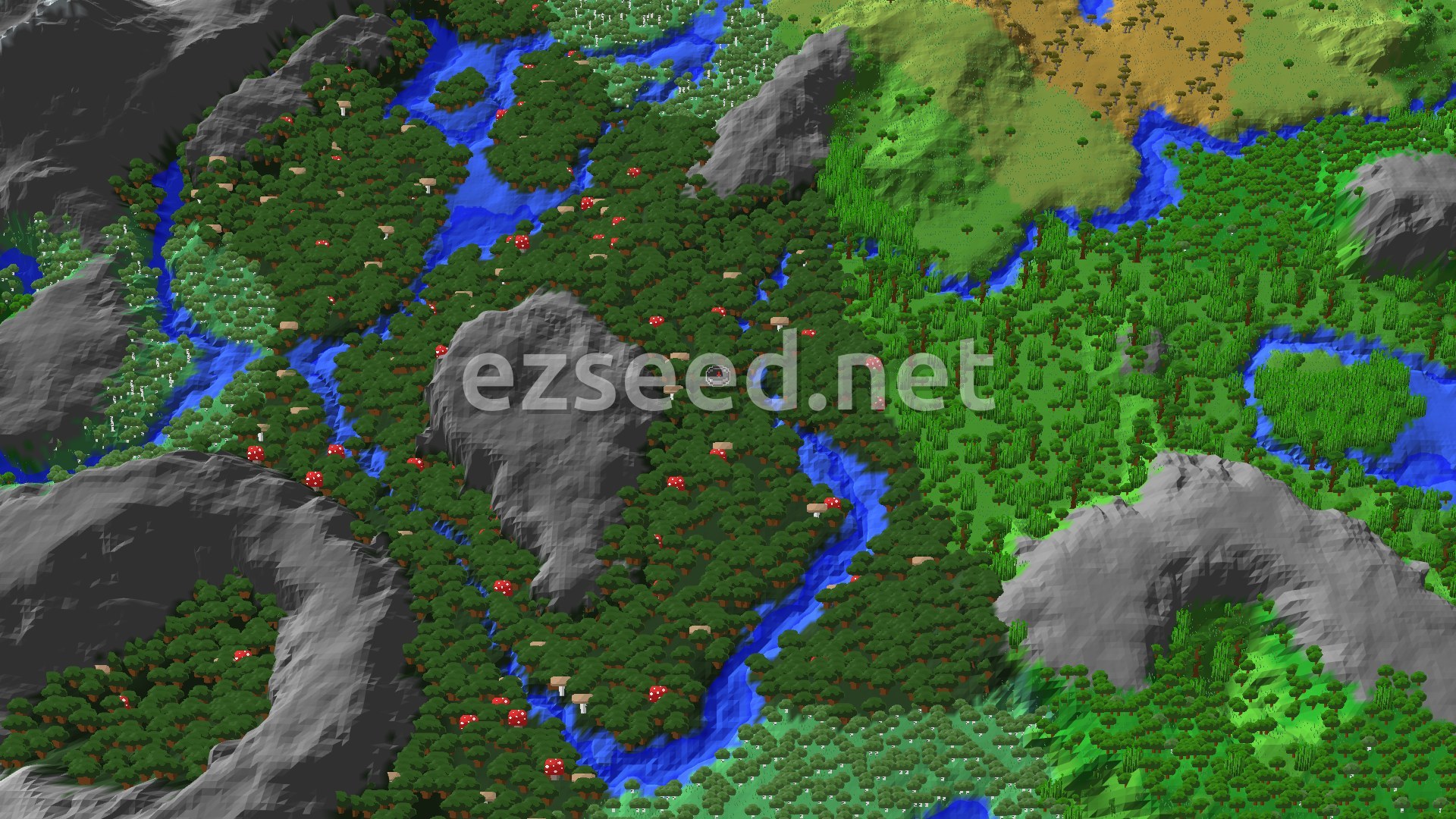 An aerial view showing a dense dark forest with red and brown mushrooms, traversed by winding rivers, surrounded by grey mountains and patches of lighter green jungle.