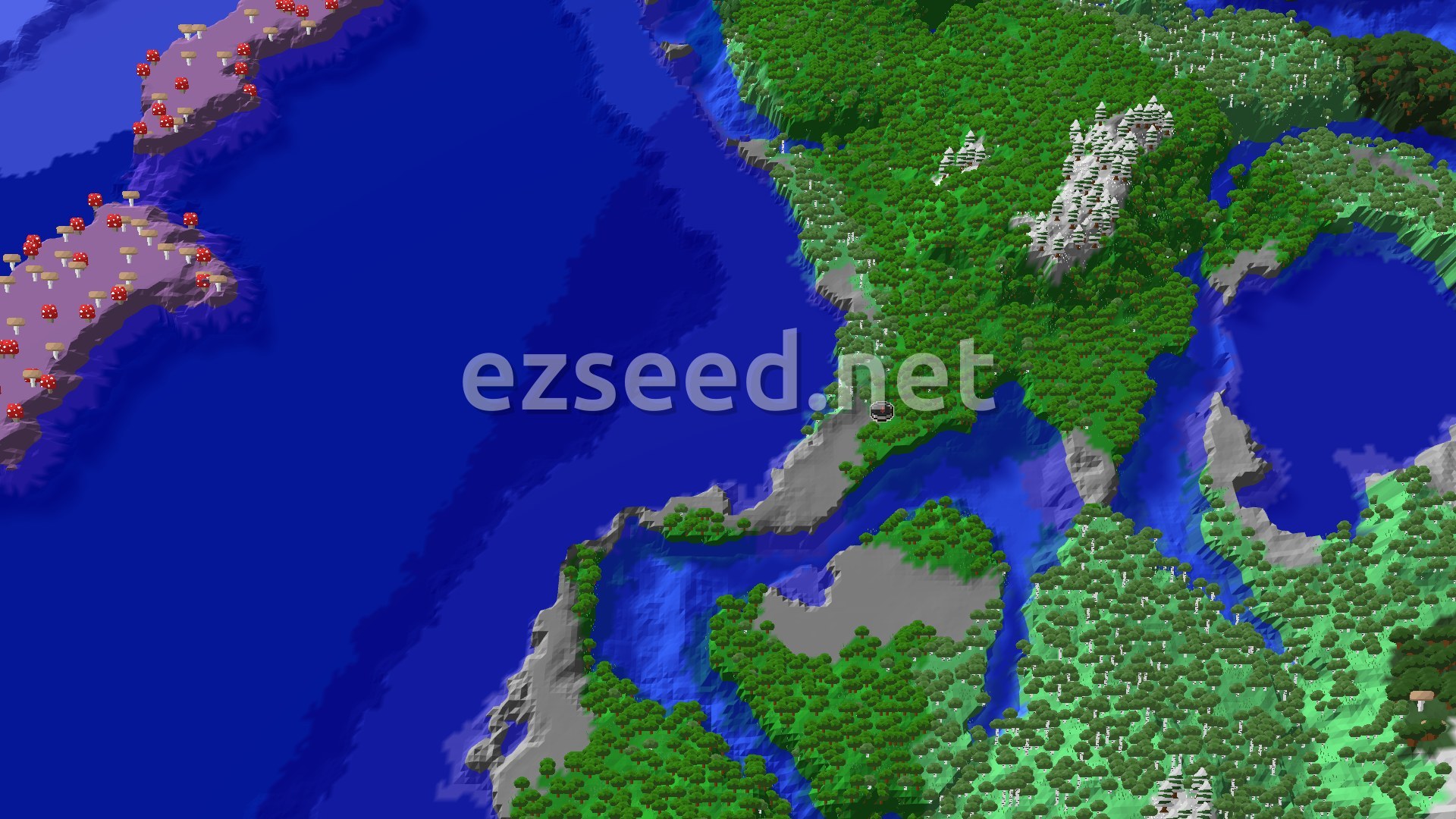 An aerial view of a forest with some hills and a winding river, leading into an ocean.