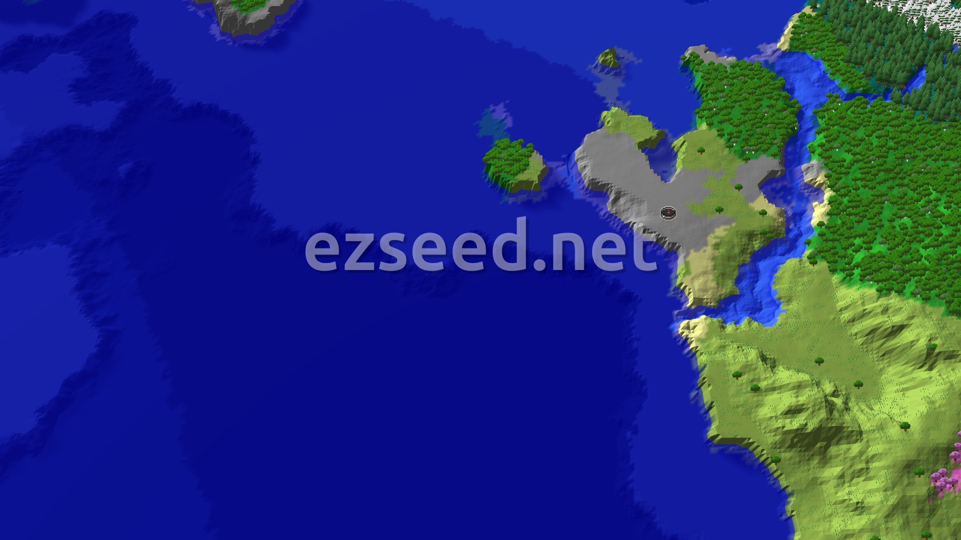 An aerial view of a varied landscape, showing a large ocean to the west, a stony shore and plains around spawn, and a dense forest to the east.