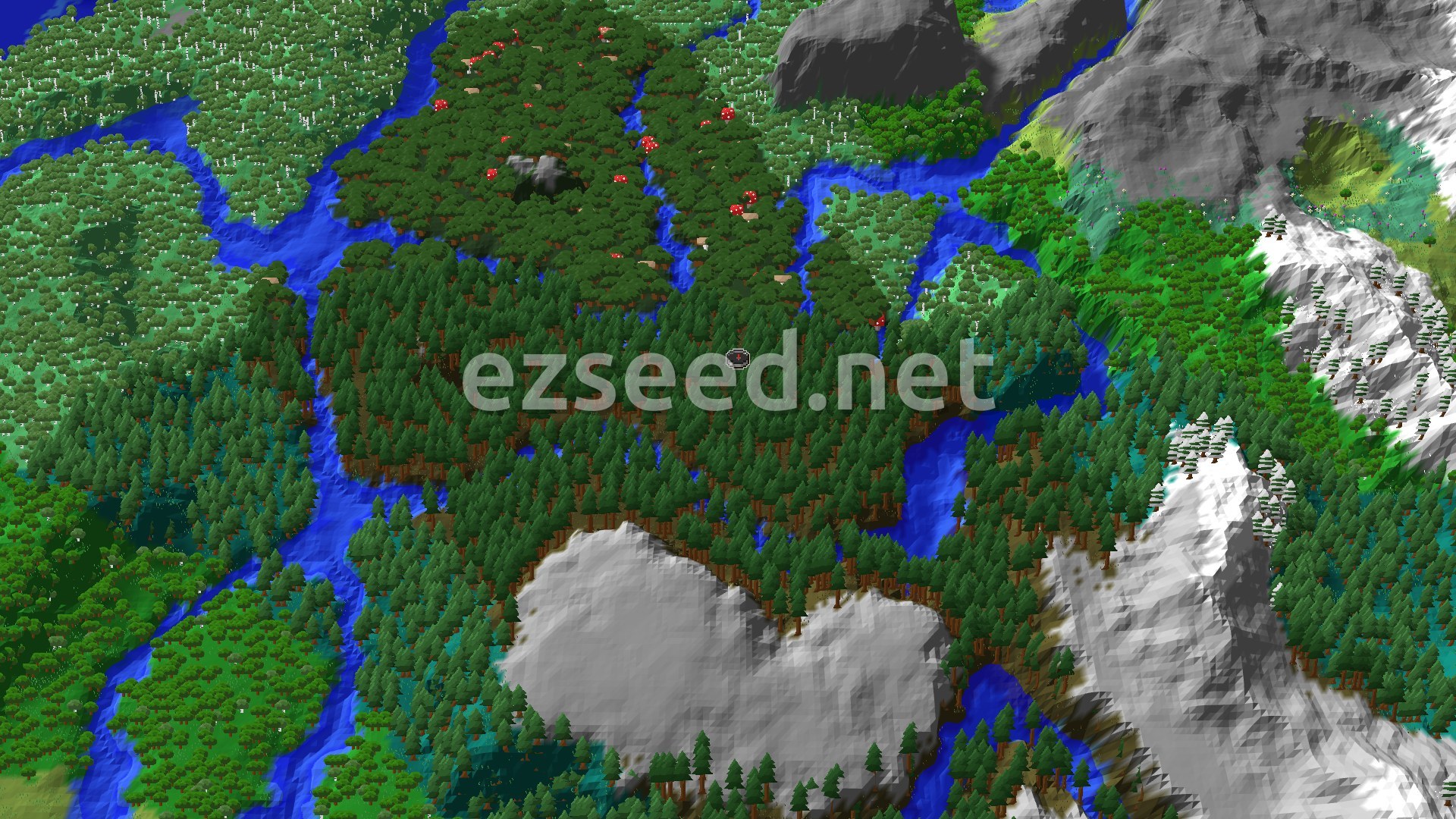 A 3D aerial view showing a dense Old Growth Pine Taiga forest at spawn, with a river winding through it and snowy mountains in the distance.