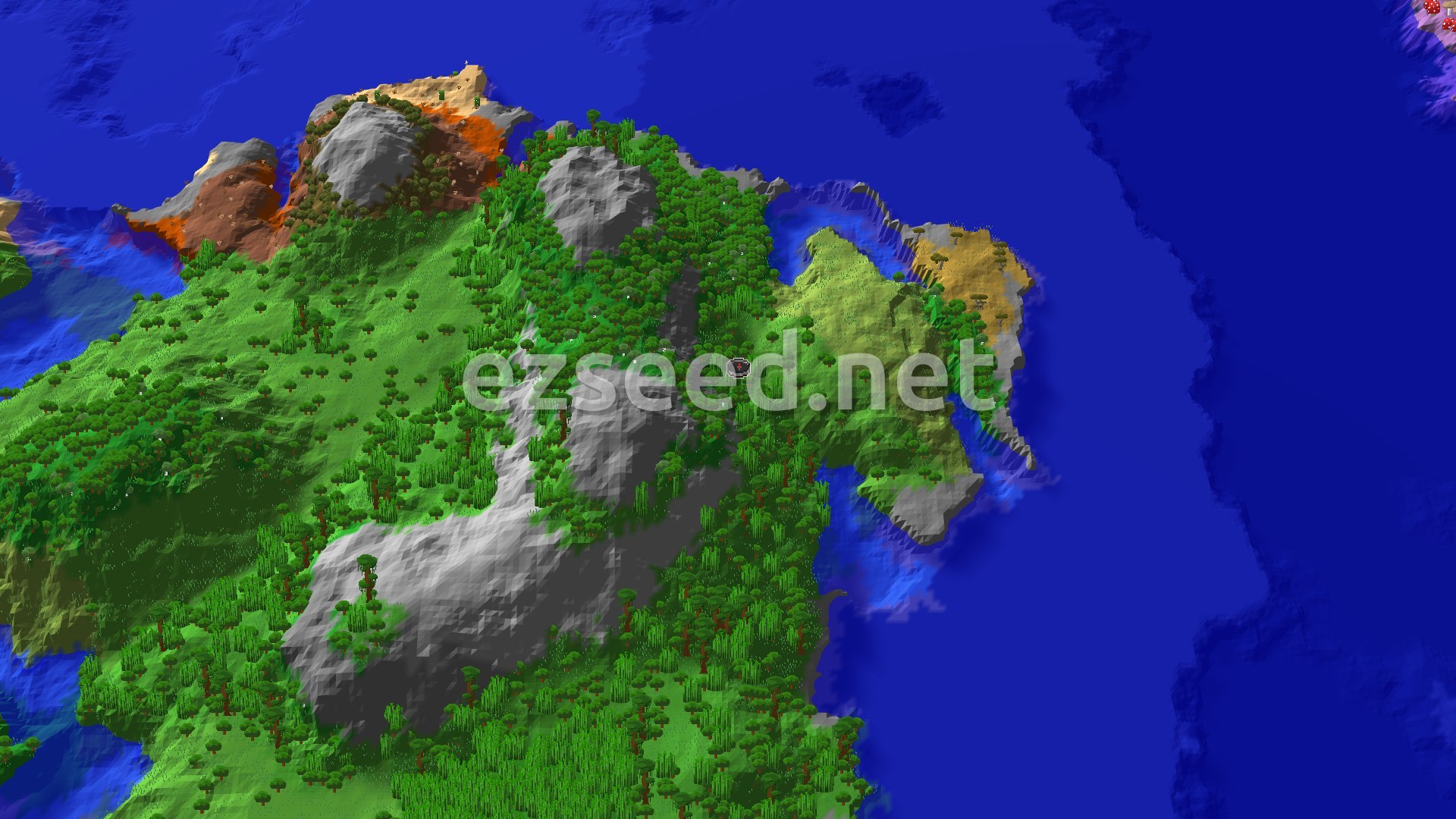 An aerial view of a verdant jungle landscape with scattered trees, some bamboo, and prominent grey stony peaks, bordered by blue ocean.