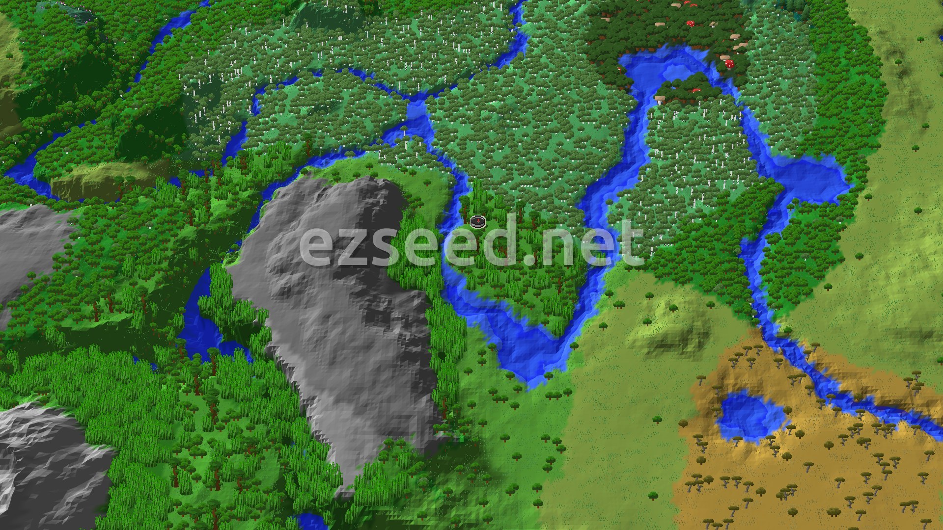 An aerial view of a Minecraft world showing dense green jungles, winding blue rivers, and some lighter green forest areas, with a gray mountainous region to the west.