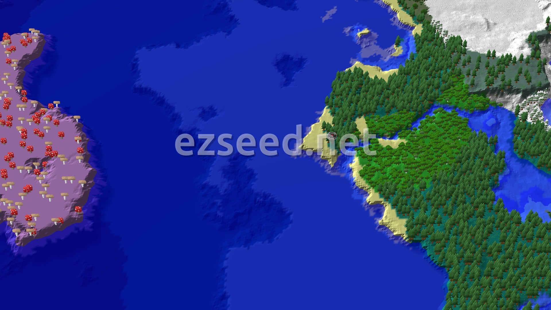 A 3D fly-over of a Minecraft Taiga forest with a spawn marker in the center, showing dense trees, a river, and a nearby ocean.