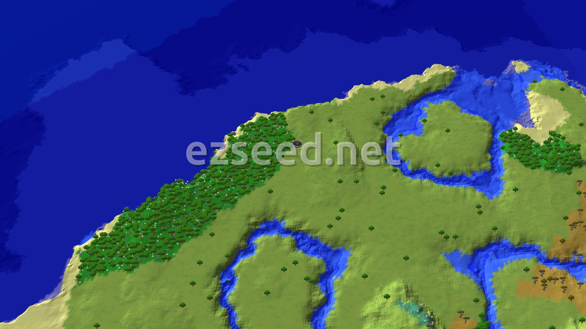 An aerial view showing a predominantly green landscape of plains and forests, bordering a large blue ocean. A river winds through the terrain, and a small marker indicates the spawn point.