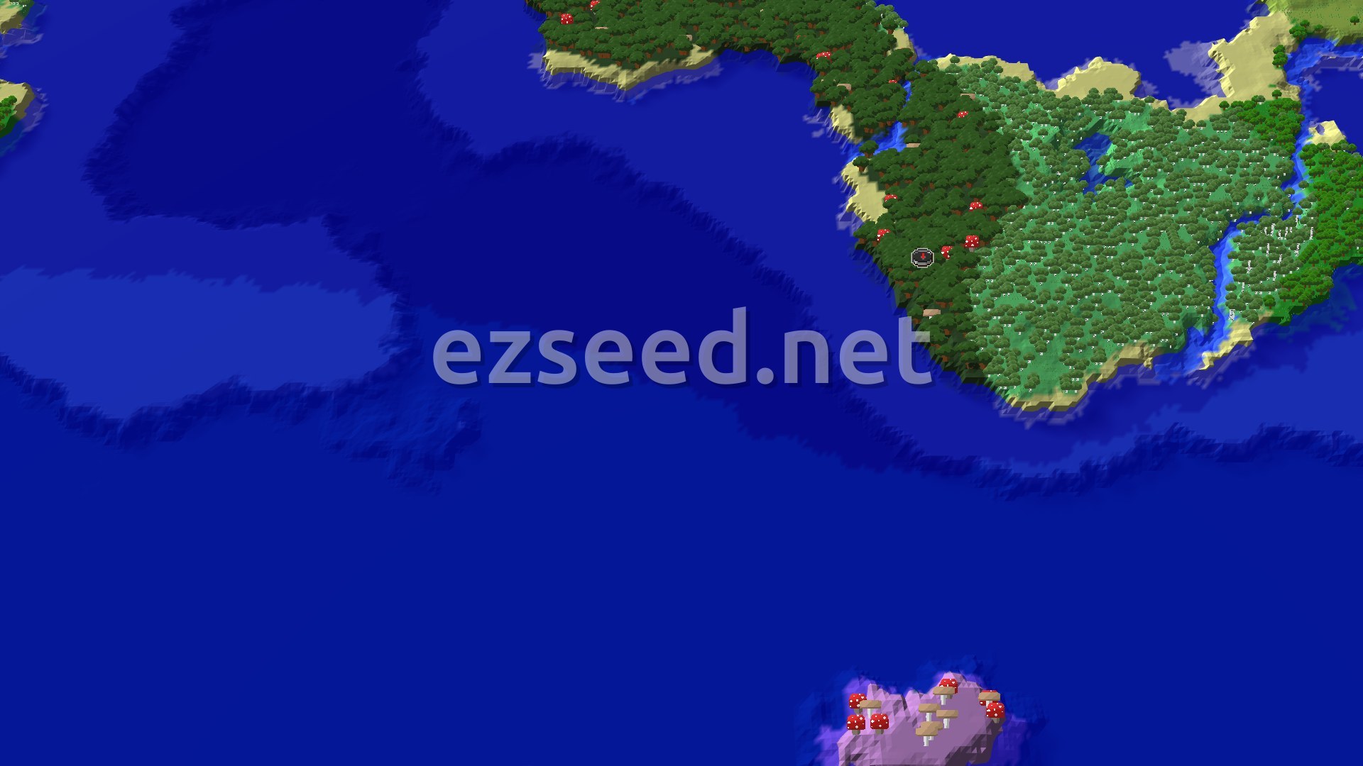 A bird's-eye view of a Dark Forest landmass, surrounded by ocean, with a distant Mushroom Fields island.