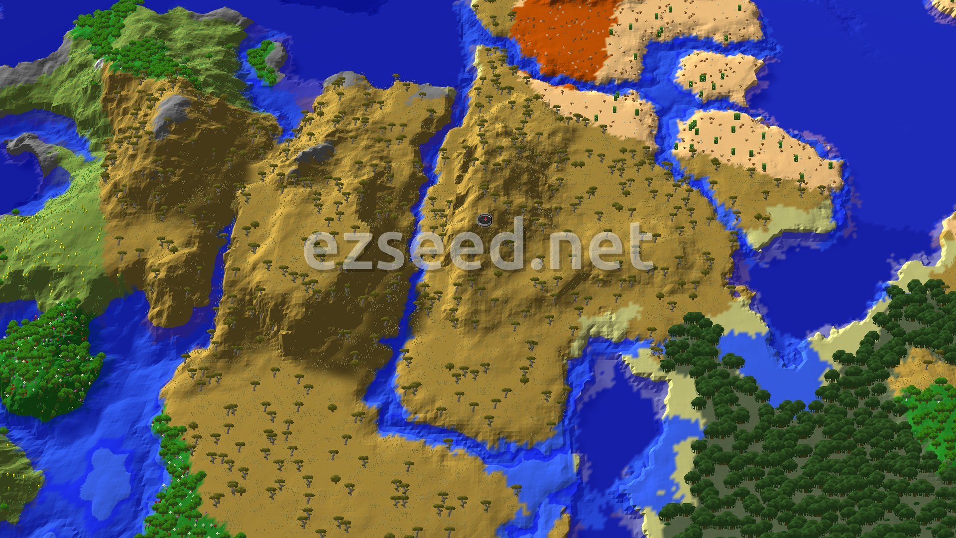 An aerial view of a savanna biome with rolling hills and scattered acacia trees, an enclosed body of water, and a small marker at the center indicating the spawn point.