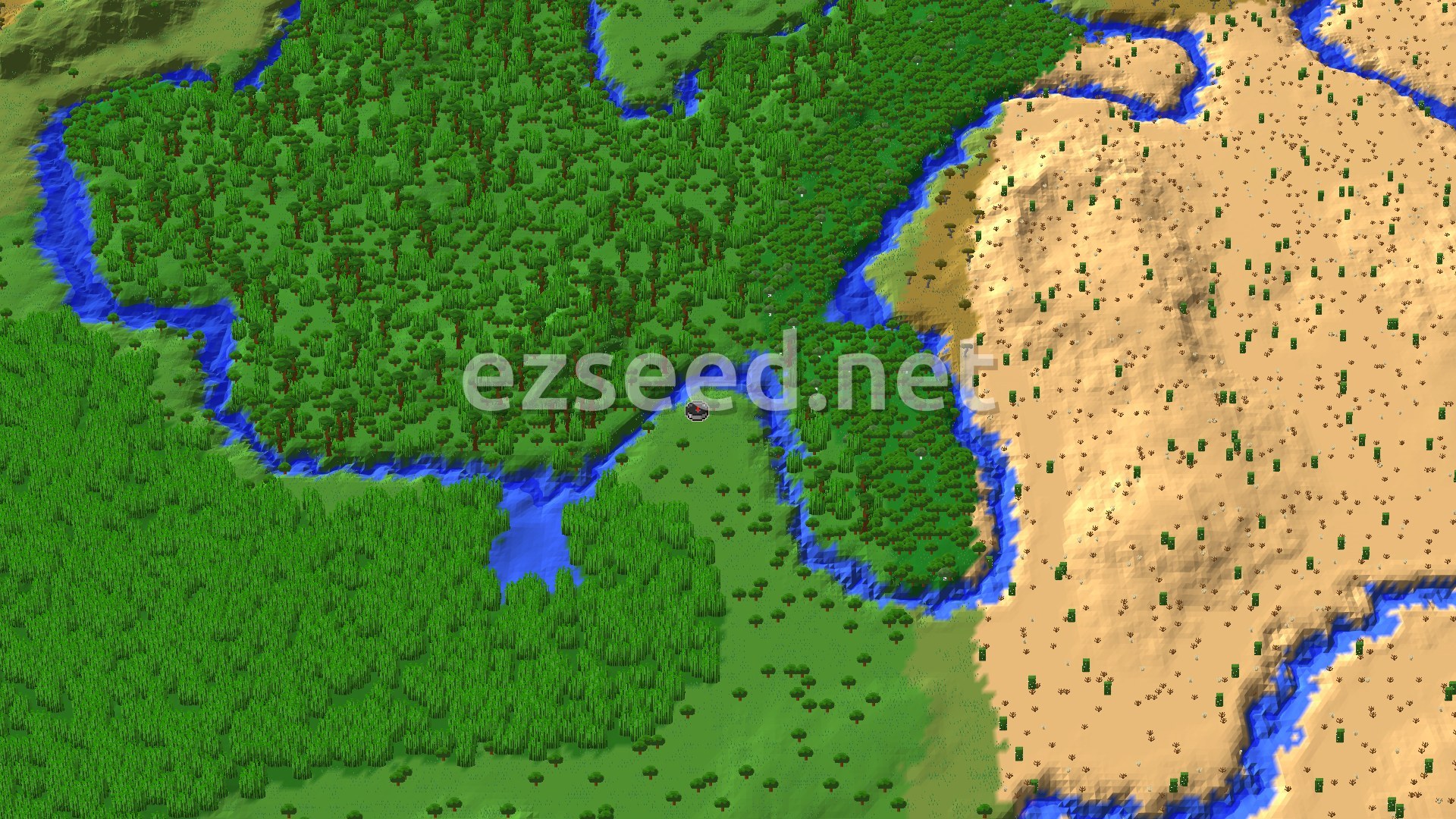 An aerial view of a varied landscape, featuring dense jungle, sparse jungle, and a large desert area, all bisected by a winding river. A spawn marker is visible near the center of a jungle region.