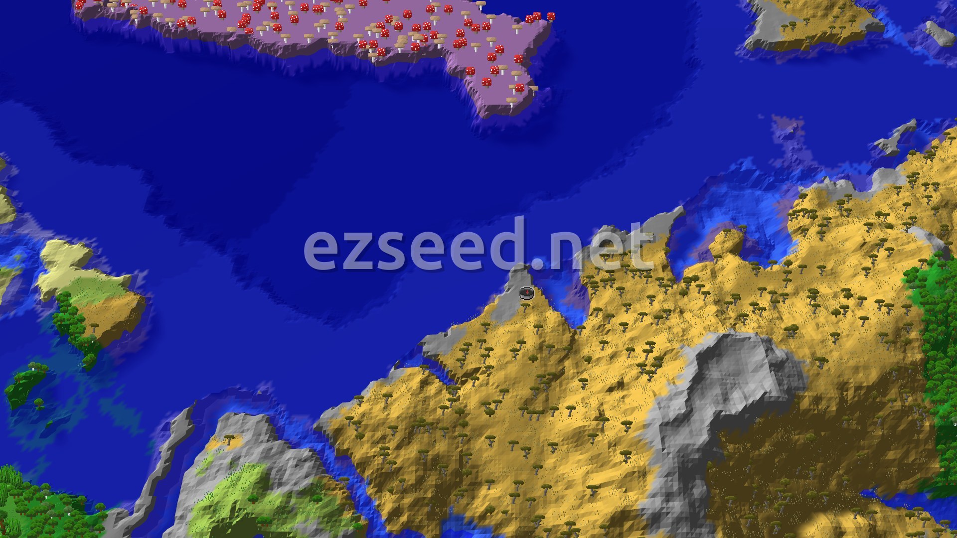 An aerial view shows a vast savanna landscape with scattered acacia trees, bordered by a large ocean. A distinct mushroom fields island with red mushrooms is visible across the water.