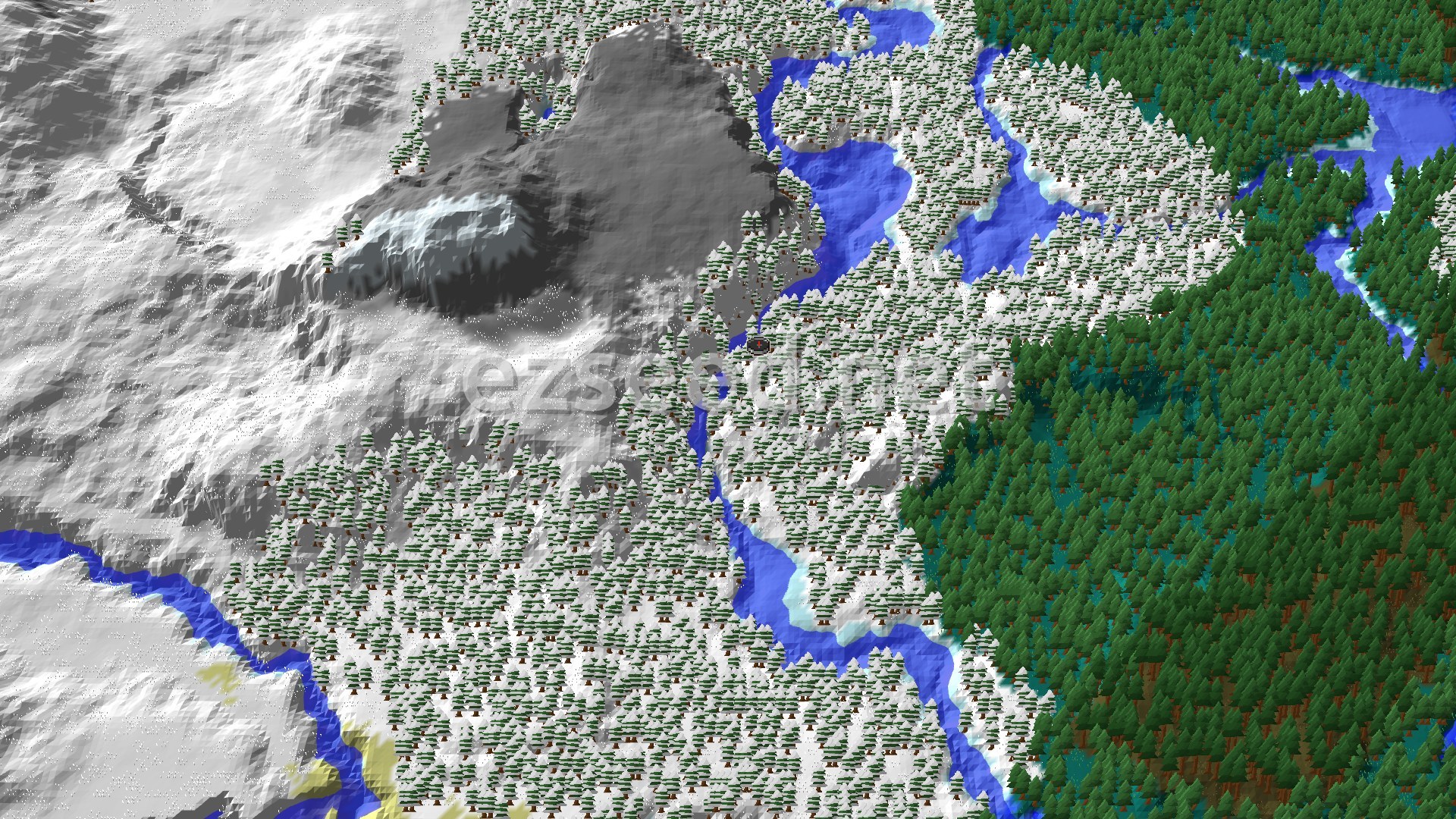 A 3D fly-over rendering of a snowy taiga forest at the center, surrounded by icy rivers and snow-capped mountains, with a patch of green taiga forest to the east.